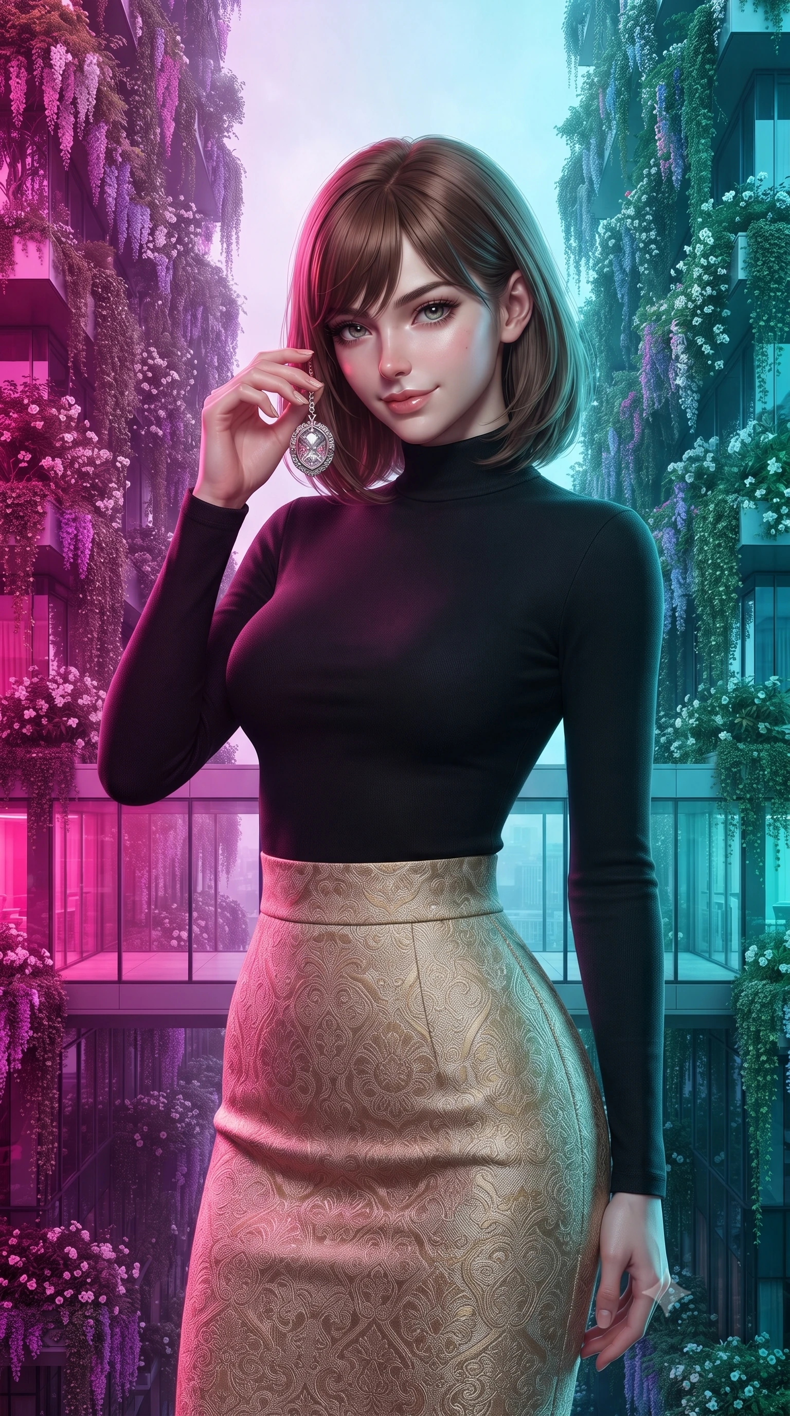 score_9, masterpiece, best quality, ultra-detailed, high-budget anime keyframe, editorial fashion photography, tasteful artistic composition, Caucasian woman, strictly human ears. close-up cowboy shot from the waist and thighs up, the character dominates the composition, filling the frame with her large presence, background elements kept in soft focus. Holding a delicate object up near her face while gazing at the viewer with a knowing smile. set against a soft-focus background of an elevated glass walkway between two mirror-clad skyscrapers completely covered in cascading vertical gardens with flowering wisteria jasmine and trailing ivy framing the sky corridor. She has an exceptionally elegant and slender, willowy female figure with an ultra-slim waist, a gracefully sculpted slender torso, and a refined slim physique. sharp v-shaped jawline, high-bridge nose, intricate jewel-like eyes with depth, thick eyelashes, glossy lips with a natural sheen. wearing a long-sleeve mock-turtleneck top in black, tucked into a high-waisted gold-and-beige jacquard pencil skirt. dual-tone lighting with hot magenta from the left and cool cyan from the right. 2k, ultra detail, master piece, 9:16 ratio