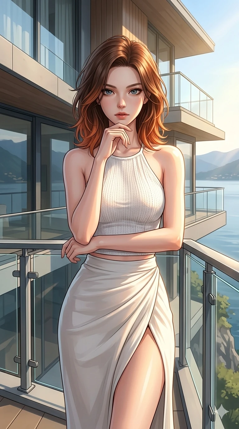 score_9, masterpiece, best quality, ultra-detailed, high-budget anime keyframe, editorial fashion photography, tasteful artistic composition, Korean woman. cowboy shot from the thighs up, character and outfit filling the frame for maximum editorial presence. resting her chin on her fingers, looking directly into the lens with a piercing, mysterious gaze on a private viewing balcony of a modern architectural home built on a cliffside over a lake (Code-P118). She has an absolutely perfect 8-heads proportion, an exceptionally tall and slender female figure with impossibly long slender legs and an ultra-slim waist. V-shaped jawline, high-bridge nose, intricate jewel-like eyes with depth, thick eyelashes, glossy lips with a natural sheen. wearing a white knit halter top showing her elegant clavicle lines, and a high-slit wrap skirt. drenched in brilliant afternoon sunshine, casting warm rays that trace the curves of her athletic figure. 2k, ultra detail, master piece, 9:16 ratio