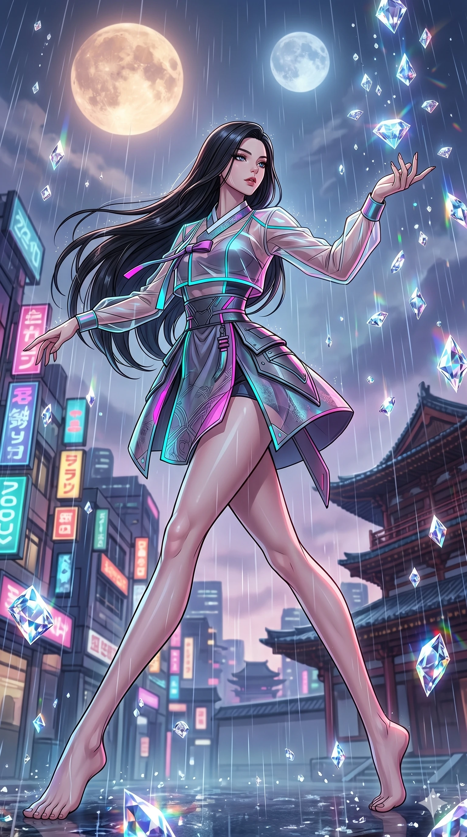 score_9, masterpiece, best quality, ultra-detailed, high-budget anime movie keyframe, cinematic anime lighting, intricate line art, Japanese woman. Dynamic full-body shot stretching the vertical silhouette with extreme perspective. dancing in a rain of liquid diamonds under a twin-moon sky. She has an absolutely perfect 8-heads proportion, an exceptionally tall and slender female figure with an ultra-slim waist and impossibly long slender legs. strictly human anatomy, two legs only, no extra limbs, clearly defined legs and arms, perfect anatomy, perfect hands and fingers. sharp v-shaped jawline, high-bridge nose, intricate jewel-like eyes, thick eyelashes, glossy lips. Wearing Modern Traditional: Shortened cyber-hanbok with fusion silk robes and transparent panels. The scene is illuminated by dramatic atmospheric lighting and vibrant color palettes. , 2k, ultra detail, master piece, 9:16 ratio