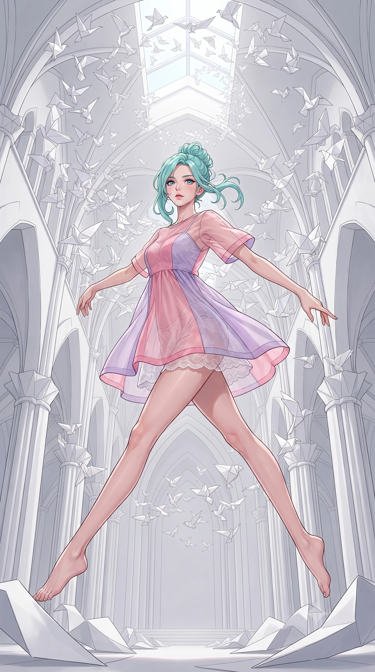 score_9, masterpiece, best quality, ultra-detailed, high-budget anime keyframe, gorgeous anime illustration, with clean line-art and distinct ink outlines, Japanese woman. low angle full-body shot from head to toe showing her feet, filling the entire 9:16 vertical frame with her statuesque presence, stretching her vertical silhouette. leaping gracefully through inside a cathedral constructed from white folded paper arches, where thousands of white origami birds float in a spiral vortex reaching toward a skylight. She has a statuesque 8.5-heads proportion, an exceptionally tall, slender and willowy model-like build with impossibly long legs and a highly sculpted ultra-slim waist. sharp v-shaped jawline, high-bridge nose, intricate jewel-like eyes with depth, thick eyelashes, glossy lips with a natural sheen. wearing a sheer organza mini dress in color-blocked pink and lavender, layered over a white lace underlayer. soft, diffused natural daylight streaming from the high skylight, creating a clean white atmosphere with soft shadows. 2k, ultra detail, master piece, 9:16 ratio, vibrant anime color palette, detailed cel-shading with soft gradients, rich contrast, dynamic lighting, 2d animation style
