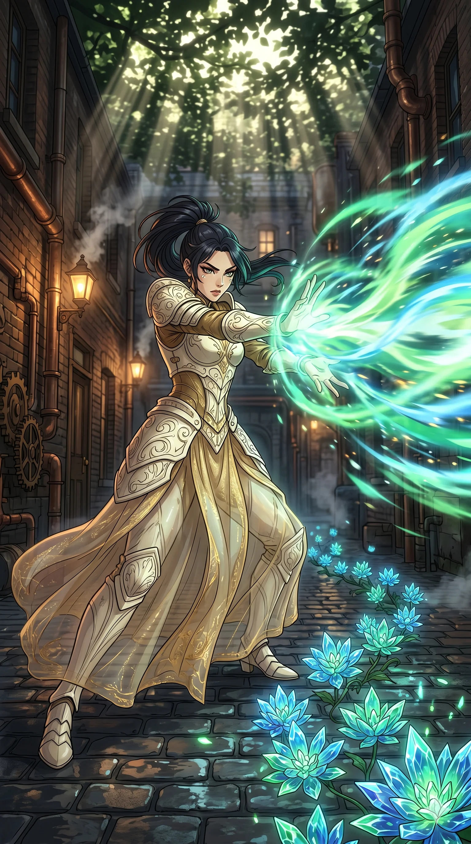 score_9, masterpiece, best quality, ultra-detailed, Set A: High-budget Anime Keyframe, Korean woman. Low angle cowboy shot filling the entire 9:16 frame with her statuesque presence. Theme: Primal Nature. unleashing a massive energy wave in a steampunk London alleyway, while she leaves a trail of 16 blooming crystal flowers. The atmosphere is filled with cinematic sunlight through leaves. She has an absolutely perfect 8-heads proportion, an exceptionally tall and slender female figure with impossibly long slender legs and an ultra-slim waist. Sharp v-shaped jawline, high-bridge nose, intricate jewel-like eyes with depth, glossy lips. Wearing Ornate ivory-carved plate armor over a sheer gold-thread silk gown. Cinematic lighting, vivid colors, dramatic shadows, 2k, ultra detail, master piece, 9:16 ratio