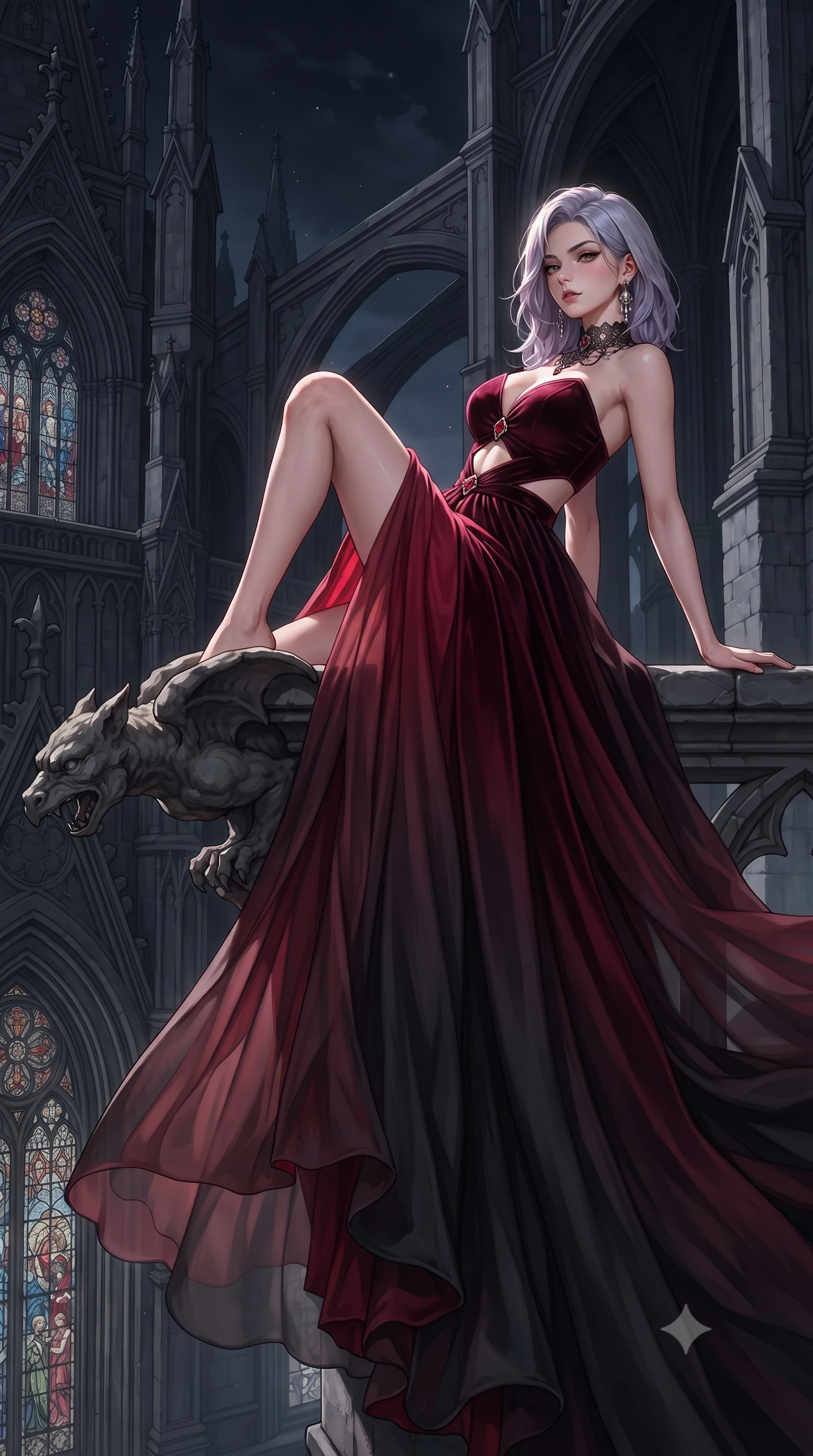score_9, masterpiece, best quality, ultra-detailed, high-budget anime keyframe, editorial fashion photography, tasteful artistic composition, Caucasian woman. low angle full-body shot from head to toe showing her feet, filling the entire 9:16 vertical frame with her statuesque presence, stretching her vertical silhouette. reclining back languidly with one knee bent and spine arched in a breathtaking dancer line, commanding the entire 9:16 vertical frame while resting one hand against a weathered gargoyle balustrade, looking back over her shoulder with an aloof, sovereign smirk. The surrounding environment is rendered in vivid detail and crisp panoramic clarity. monumental high-contrast gothic chiaroscuro and sacred nocturnal architecture in sharp clarity. She has an absolutely perfect, statuesque 8.5-heads proportion, an exceptionally tall and slender model-like female figure with impossibly long slender legs, a toned flat midriff, and an ultra-slim waist. sharp v-shaped jawline, high-bridge nose, intricate jewel-like eyes with depth, thick eyelashes, glossy parted lips with a natural sheen, intensely captivating and seductive expression, flawlessly proportioned anatomical accuracy, strict slender model proportions, natural body alignment, perfectly sculpted long slender limbs, ultra-slim waistline, clean dynamic posture without body distortion. wearing a deep sweetheart neckline velvet ballgown with an exposed midriff cutout framed by ruby clasps in rich ruby red and dark smoky charcoal, woven from layered gossamer chiffon with a weightless sweeping drape, finished with a dramatic filigree Victorian choker and chandelier earrings, the glove-like aerodynamic second-skin fit tightly clinging to her ultra-slender waist and feminine curves without adding bulk. illuminated by crisp specular highlights defining her sculpted jawline, bare spine, and long limbs. ultra-reflective glossy finish, specular highlights, rich textural contrasts, high-contrast stereoscopic depth, volumetric dynamic lighting, 2k, ultra detail, master piece, 9:16 ratio