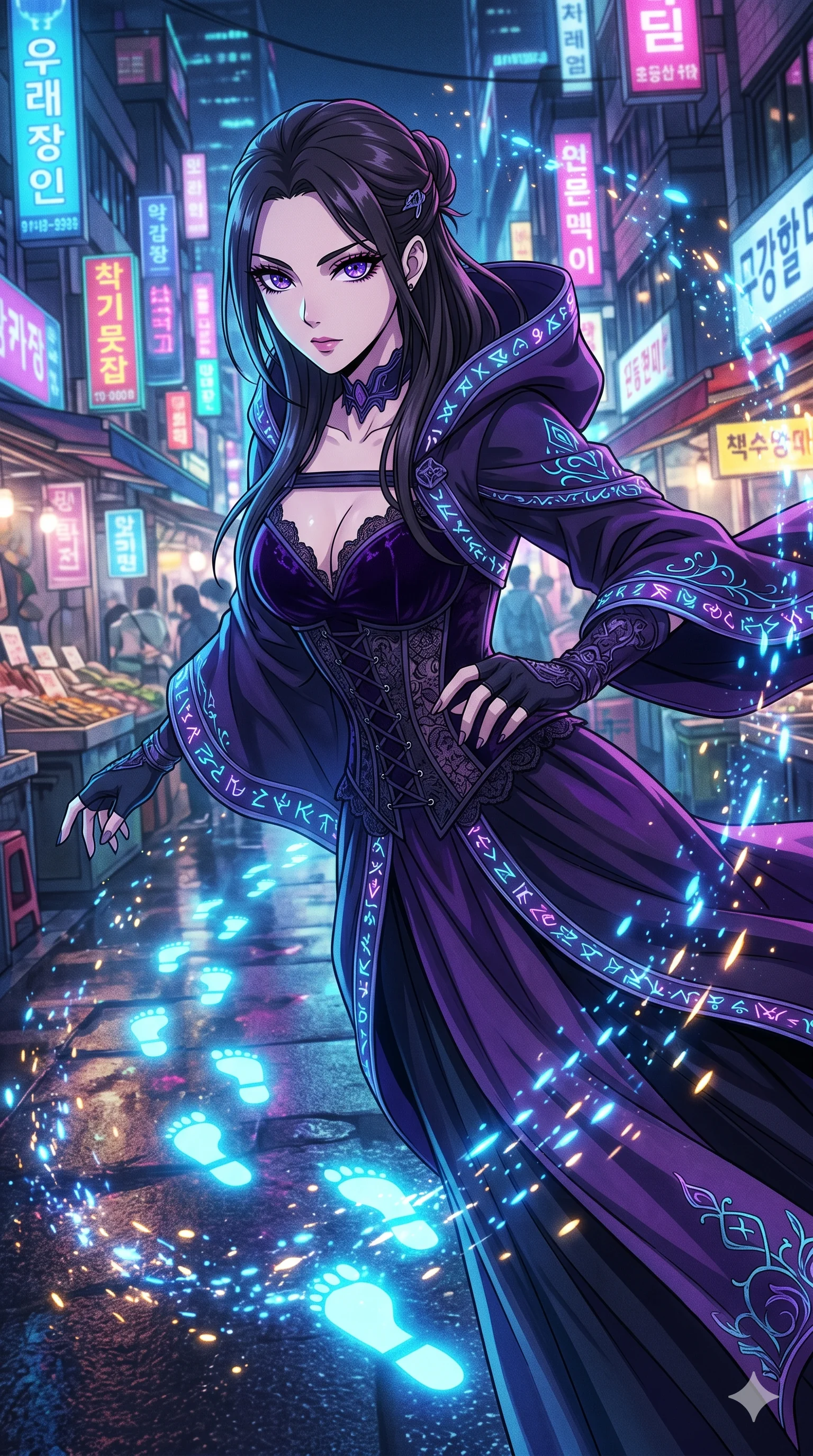 score_9, masterpiece, best quality, ultra-detailed, Set A: High-budget Anime Keyframe, Japanese woman. Upper body close-up from the thighs up, character filling the screen for maximum presence. Sliding through a neon-lit Neo-Seoul market, as she leaves a trail of 208 glowing footprints and surrounded by glowing energy sparks. She has an absolutely perfect 8-heads proportion, an exceptionally tall and slender female figure with impossibly long slender legs and an ultra-slim waist. Sharp v-shaped jawline, high-bridge nose, intricate jewel-like eyes with depth, thick eyelashes, glossy lips with a natural sheen. Wearing Dark sorceress robes with glowing runes and a deep-cut lace corset. Cinematic lighting, vibrant colors, dramatic shadows, 2k, ultra detail, master piece, 9:16 ratio