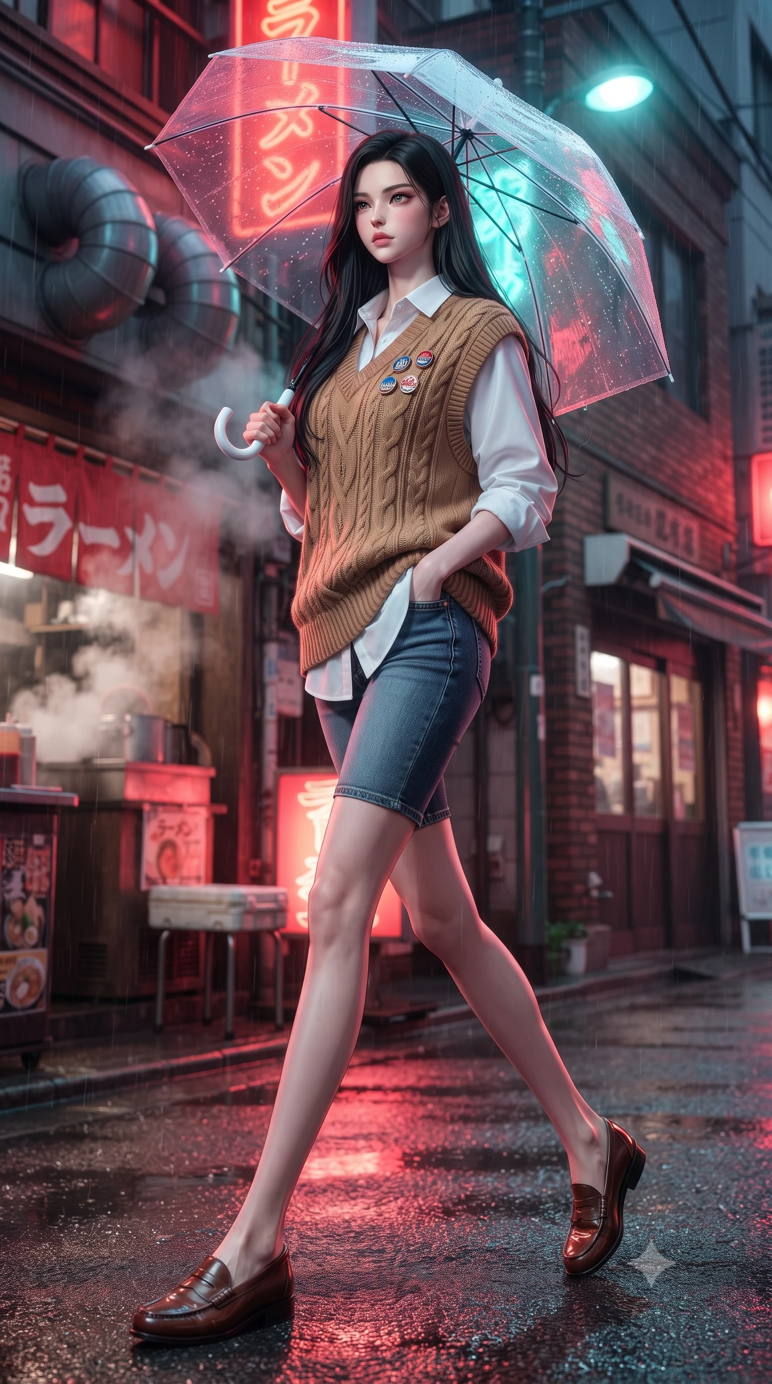 score_9, masterpiece, best quality, ultra-detailed, high-budget anime keyframe, editorial fashion photography, tasteful artistic composition, Korean woman. low angle full-body shot from head to toe showing her feet, filling the entire 9:16 vertical frame with her statuesque presence, stretching her vertical silhouette. pivoting dynamically with supreme athletic balance and poise, her impossibly long slender legs creating a breathtaking line while strolling along a rain-drenched 1990s Tokyo neon back-alley, holding a transparent umbrella that catches vivid reflections. The composition keeps background elements in soft focus with creamy bokeh. steaming ramen shop vents and classic brick storefronts softened in romantic 35mm shallow focus. She has an absolutely perfect, statuesque 8.5-heads proportion, an exceptionally tall and slender model-like female figure with impossibly long slender legs, a toned flat midriff, and an ultra-slim waist. sharp v-shaped jawline, high-bridge nose, intricate jewel-like eyes with depth, thick eyelashes, glossy lips with a natural sheen, captivating and magnetic expression, flawlessly proportioned anatomical accuracy, strict slender model proportions, natural body alignment, perfectly sculpted long slender limbs, ultra-slim waistline, clean dynamic posture without body distortion. wearing an oversized 90s knit sweater vest worn over a crisp white boyfriend shirt and cycling shorts in vintage camel brown and washed indigo denim, knitted from soft cozy lambswool yarn with cable-knit textures, finished with retro enamel varsity pins and classic leather loafers, the sleek tailored cut tightly hugging her graceful clavicle, narrow waist, and feminine curves with statuesque precision. bathed in rich neon red and cyan streetlamp glow bouncing off wet asphalt surfaces. ultra-reflective glossy finish, specular highlights, rich textural contrasts, high-contrast stereoscopic depth, volumetric dynamic lighting, 2k, ultra detail, master piece, 9:16 ratio