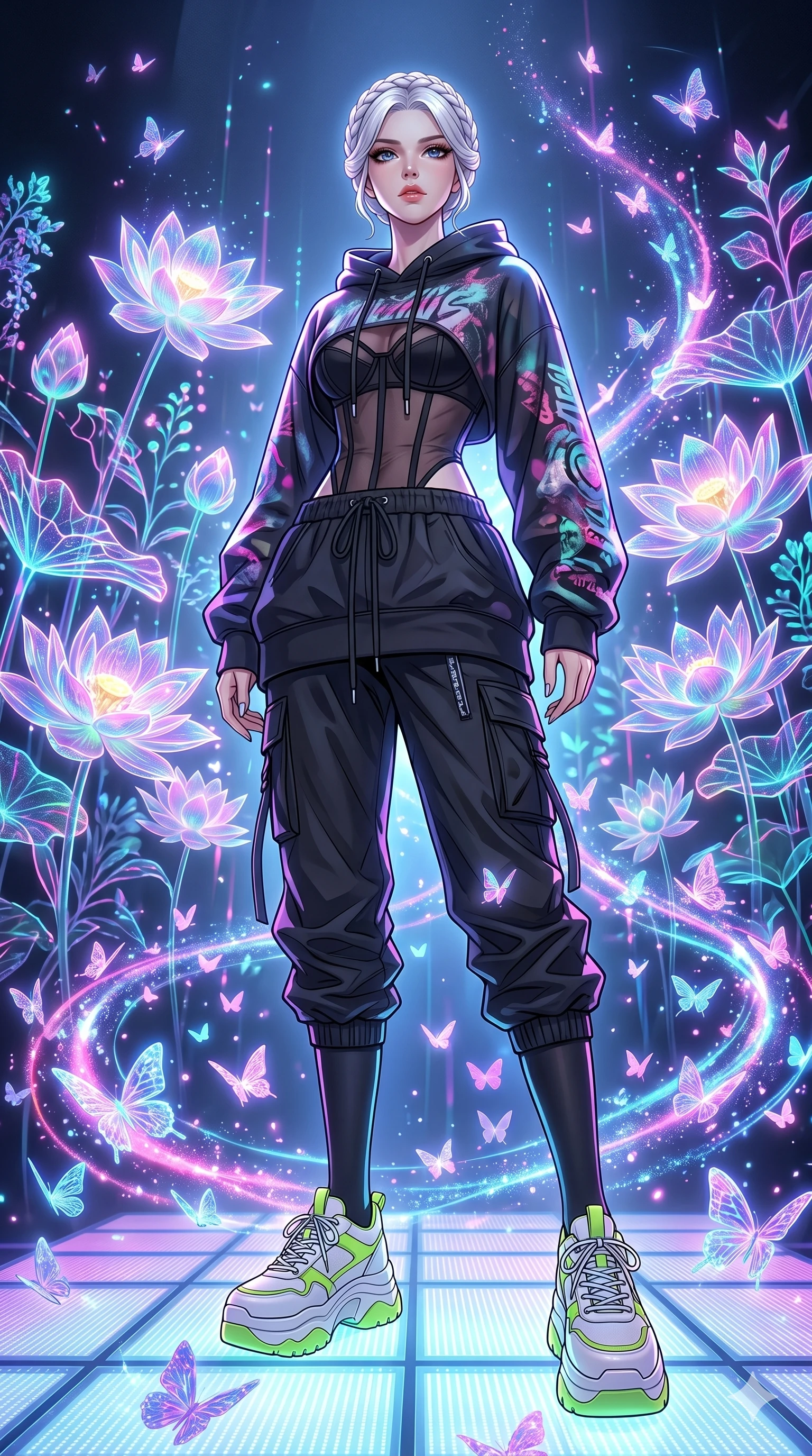 score_9, masterpiece, best quality, ultra-detailed, High-budget Anime Keyframe, vibrant colors, fluid line-art, expressive lighting, cinematic composition, Ufotable-style visual effects, top-tier animation quality, Korean woman with idol-like refined features. Low angle cowboy shot filling the entire 9:16 frame with her statuesque presence, looking up to emphasize her height. Surrounded by a swarm of digital butterflies that leave trails of neon dust. She has an absolutely perfect 8-heads proportion, an exceptionally tall and slender female figure with impossibly long slender legs and an ultra-slim waist, her statuesque height and towering silhouette dominating the vertical 9:16 frame. Her face is a masterpiece featuring a sharp v-shaped jawline, high-bridge nose, intricate jewel-like eyes with depth, thick eyelashes, and glossy lips with a natural sheen. She is wearing a Oversized designer hoodie worn as a dress, paired with technical cargo joggers, a sheer corset top, and platform sneakers with knee-high socks.. The scene is set in a digital garden filled with holographic lotus flowers and neon butterflies. 2k, ultra detail, master piece, 9:16 ratio