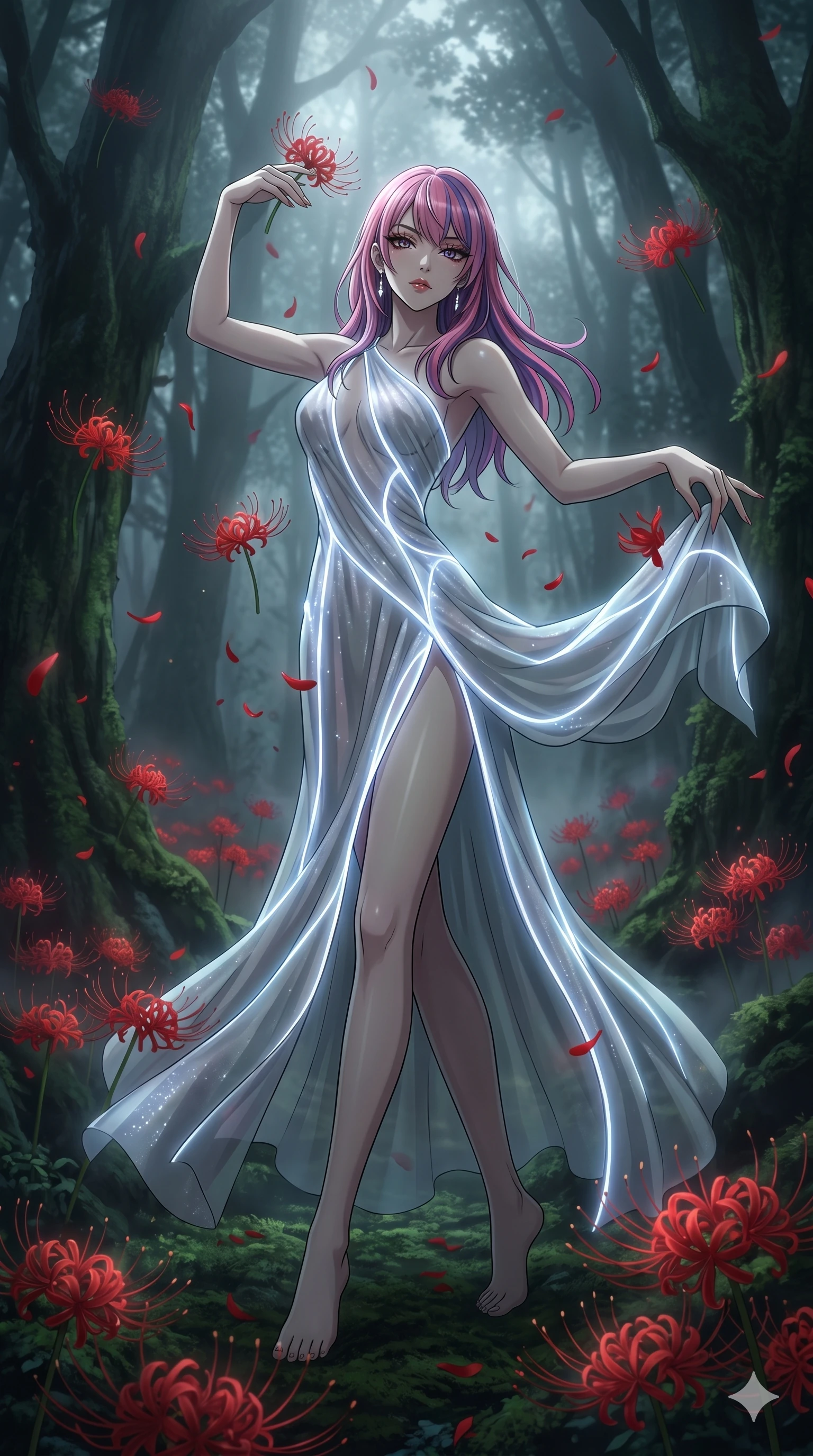 score_9, masterpiece, best quality, ultra-detailed, High-budget Anime Keyframe, East Asian woman. Low angle cowboy shot filling the entire 9:16 frame with her statuesque presence. Scenario 135: Dancing amidst falling red spider lilies in a misty dark forest. Her presence is magnetic and overpowering in this high-budget anime scene. Outfit 135: A shimmering chiffon bare with a thigh-high slit and glowing LED seams. The clothing is designed to emphasize her exceptionally tall and slender 8-heads proportion. 8-heads proportion, towering silhouette, ultra-slim waist. sharp v-shaped jawline, intricate jewel-like eyes with depth, thick eyelashes, glossy lips. 2k, ultra detail, master piece, 9:16 ratio
