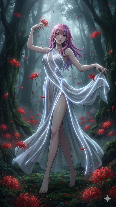 score_9, masterpiece, best quality, ultra-detailed, High-budget Anime Keyframe, East Asian woman. Low angle cowboy shot filling the entire 9:16 frame with her statuesque presence. Scenario 135: Dancing amidst falling red spider lilies in a misty dark