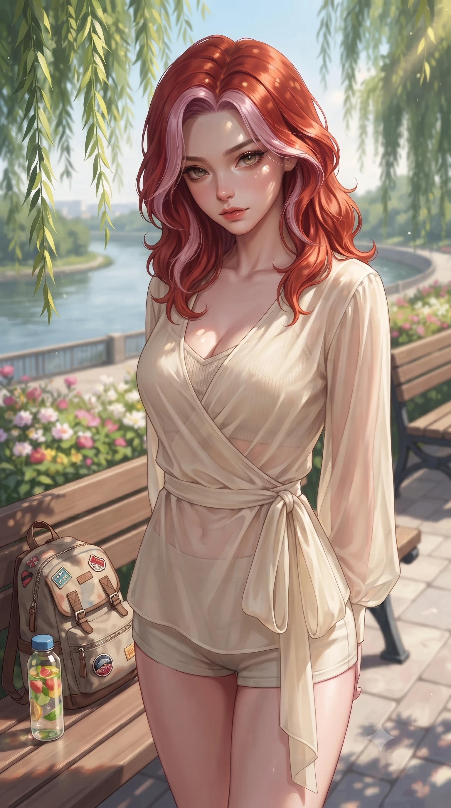 score_9, masterpiece, best quality, ultra-detailed, high-budget anime keyframe, editorial fashion photography, tasteful artistic composition, Caucasian woman. close-up cowboy shot from the waist and thighs up, the character dominates the composition, filling the frame with her large presence, background elements kept in soft focus. tilting her chin down slightly, looking up at the viewer with a deeply charming, smoldering gaze set against a soft-focus background of at a scenic river bend overlook with wooden benches and flower beds with a cute canvas backpack and a bottle of fruit water on the bench. She has an exceptionally elegant, slender, and willowy female figure with an ultra-slim waist, a gracefully sculpted slender torso, and a refined silhouette. sharp v-shaped jawline, high-bridge nose, intricate jewel-like eyes with depth, thick eyelashes, glossy lips with a natural sheen. wearing form-contouring sheer chiffon wrap top in cream, worn over a slim-fit knit bralette and low-cut shorts. dappled sunlight filtering through the weeping willow leaves onto her face. ultra-reflective glossy finish, specular highlights, metallic sheen, high-contrast stereoscopic depth, volumetric dynamic lighting, 2k, ultra detail, master piece, 9:16 ratio