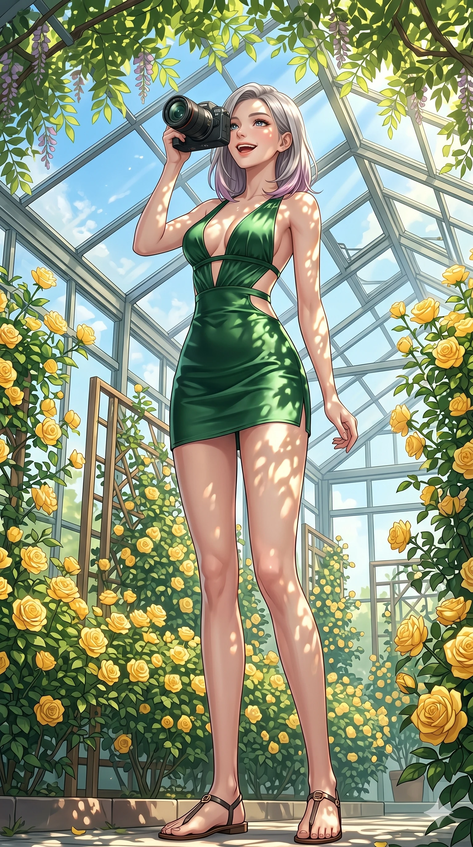 score_9, masterpiece, best quality, ultra-detailed, high-budget anime keyframe, vibrant anime aesthetic, Caucasian woman, strictly human ears. low angle full-body shot from head to toe showing her feet, filling the entire 9:16 vertical frame with her statuesque presence, stretching her vertical silhouette. She is holding a camera with a bright grin, looking up with a joyful expression inside a bright glass greenhouse filled with blooming yellow roses (Code-P20-045). She has an absolutely perfect 8-heads proportion, an exceptionally tall and slender female figure with impossibly long slender legs and an ultra-slim waist. V-shaped jawline, high-bridge nose, intricate jewel-like eyes with depth, thick eyelashes, glossy lips with a natural sheen. wearing a plunging neckline mini dress with side cutouts in green satin. She is bathed in dappled sunlight filtering through wisteria leaves, creating organic shadows. 2k, ultra detail, master piece, 9:16 ratio