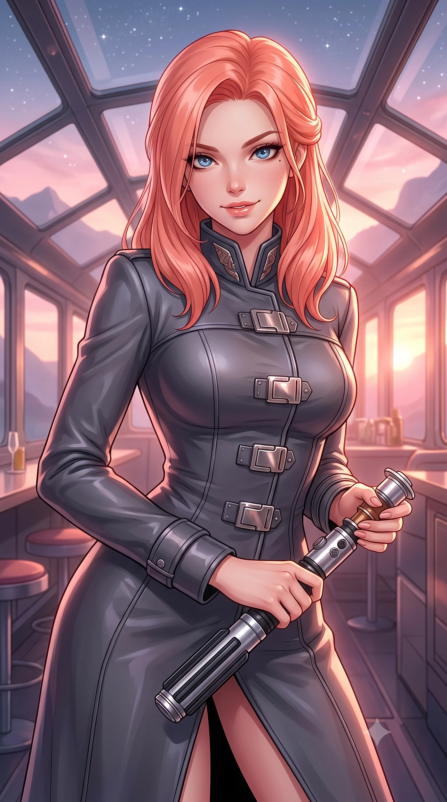score_9, masterpiece, best quality, ultra-detailed, high-budget anime keyframe, editorial fashion photography, tasteful artistic composition, Japanese woman. close-up cowboy shot from the waist and thighs up, the character dominates the composition, filling the frame with her large presence, background elements kept in soft focus. leaning slightly forward with a playful, teasing smile while holding a deactivated plasma saber hilt, the background shows a soft-focus a train bar lounge with glass ceilings showing stars and mountain silhouettes. She has an exceptionally elegant, slender, and willowy female figure with an ultra-slim waist, a gracefully sculpted slender torso, and a refined silhouette. sharp v-shaped jawline, high-bridge nose, intricate jewel-like eyes with depth, thick eyelashes, glossy lips with a natural sheen. wearing a body-hugging tailored future military trench coat in charcoal grey, worn closed with heavy metallic buckles and high-collar lining. soft pink and amber sunset glow painting the cabin in a romantic wash. highly saturated vibrant anime colors, detailed shading with soft gradients, rich glossy textures, high-contrast stereoscopic depth, volumetric dynamic lighting, master piece, 9:16 ratio