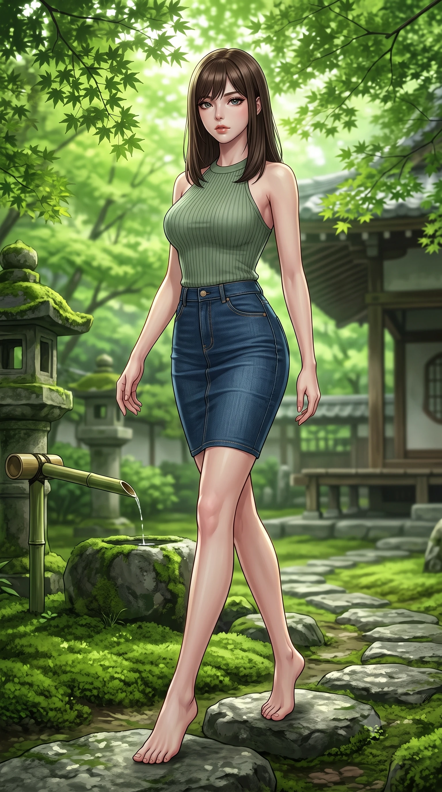 score_9, masterpiece, best quality, ultra-detailed, high-budget anime keyframe, editorial fashion photography, tasteful artistic composition, Korean woman woman. low angle full-body shot from head to toe showing her feet, filling the entire 9:16 vertical frame with her statuesque presence, stretching her vertical silhouette. stepping gracefully across a stone path in the garden the background shows a soft-focus a green moss garden of a traditional Zen temple, with stone lanterns and bamboo water pipes. She has an absolutely perfect, statuesque 8.5-heads proportion, an exceptionally tall and slender model-like female figure with impossibly long slender legs and an ultra-slim waist. sharp v-shaped jawline, high-bridge nose, intricate jewel-like eyes with depth, thick eyelashes, glossy lips with a natural sheen. wearing a body-hugging form-fitting ribbed knit halter top in sage green, paired with a tight denim pencil skirt. soft, diffused green light filtering through the maple tree canopy. 2k, ultra detail, master piece, 9:16 ratio