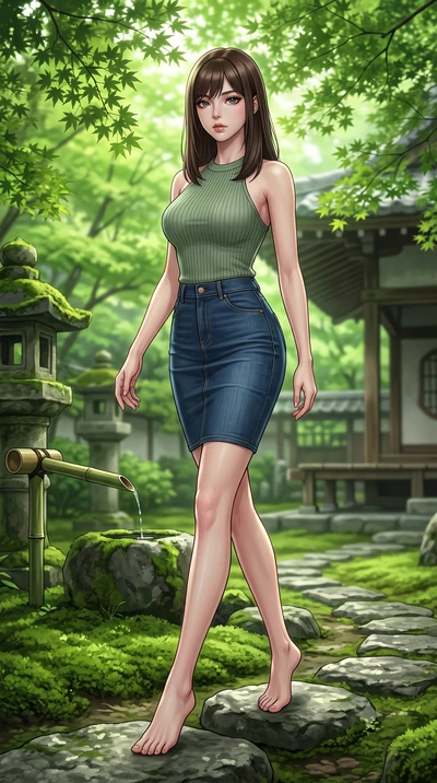 score_9, masterpiece, best quality, ultra-detailed, high-budget anime keyframe, editorial fashion photography, tasteful artistic composition, Korean woman woman. low angle full-body shot from head to toe showing her feet, filling the entire 9:16 vert