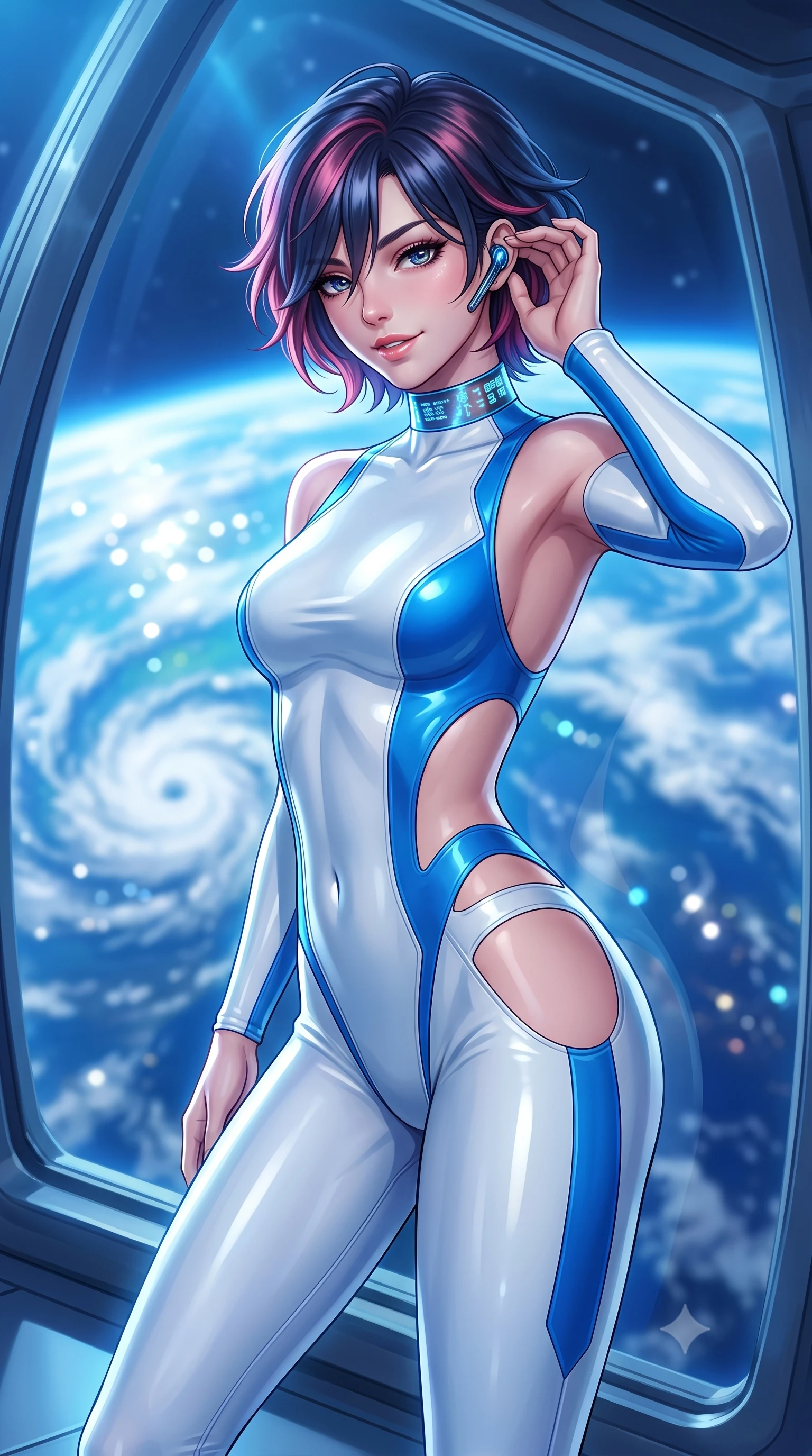 score_9, masterpiece, best quality, ultra-detailed, high-budget anime keyframe, semi-realistic 3D game render, editorial fashion photography, tasteful artistic composition, Korean woman. close-up cowboy shot from the waist and thighs up, the character dominates the composition, filling the frame with her large presence. tilting her head with a captivating smile while arching her spine with dancer poise, one hand adjusting her ear comm-link in a flirtatious S-curve while leaning against the curved panoramic observation glass with hips cocked back, casting an alluring bedroom-gaze over the curving blue planet. The background shows a soft-focus the colossal blue disk of Earth with white hurricane spirals and shimmering sun glints blurred into ocean sapphire, cloud white, and starlight bokeh. She has an exceptionally elegant, slender, and willowy female figure with an ultra-slim waist, flat toned midriff, narrow ribcage, and sculpted feminine hips creating an alluring, slim hourglass silhouette without bulk. sharp v-shaped jawline, high-bridge nose, intricate jewel-like sparkling eyes with depth, thick eyelashes, glossy parted lips with a natural sheen, bright confident smile with an enchanting and coquettish sensual glint, exuding both youthful magnetic charm and sovereign high-tech allure, flawlessly proportioned anatomical accuracy, strict slender model proportions, natural body alignment, perfectly sculpted long slender limbs, ultra-slim waistline, clean dynamic posture without body distortion. wearing a high-performance speeder pilot catsuit with ergonomic silicone grip lines and strategic hip cutouts in arctic snowflake white and electric plasma blue, made of smooth liquid latex with high-contrast stereoscopic depth and wet shine, complemented by a high-tech holographic choker projecting miniature glyphs, the precision-cut side openings and low-back scoop framing her graceful spine and the sensual sweep of her slim, toned hips. bathed in magnificent blue Earth-shine cascading through colossal panoramic viewing windows. highly saturated vibrant anime colors, detailed shading with soft gradients, rich glossy textures, high-contrast stereoscopic depth, volumetric dynamic lighting, master piece, 9:16 ratio