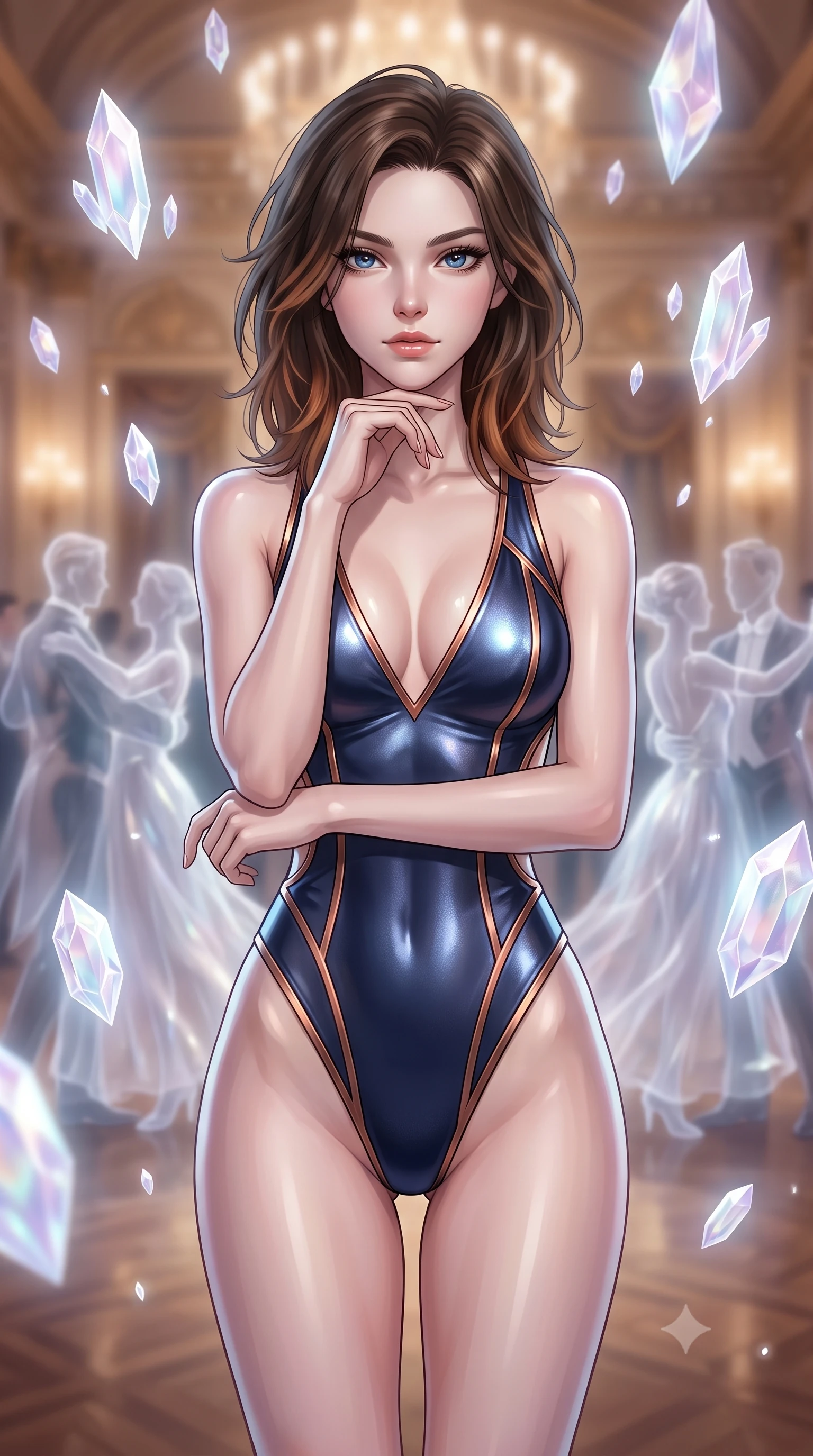 score_9, masterpiece, best quality, ultra-detailed, high-budget anime keyframe, editorial fashion photography, tasteful artistic composition, Korean woman. close-up cowboy shot from the waist and thighs up, the character dominates the composition, filling the frame with her large presence, background elements kept in soft focus. Resting her chin on the backs of her fingers in a confident pose. set against a soft-focus background of a grand ballroom where quantum particles appear and disappear in probability clouds ghostly translucent waltz partners materializing and dissolving with each observation wave functions collapsing into brief moments of beauty. She has an exceptionally elegant and slender, willowy female figure with an ultra-slim waist, a gracefully sculpted slender torso, and a refined slim physique. sharp v-shaped jawline, high-bridge nose, intricate jewel-like eyes with depth, thick eyelashes, glossy lips with a natural sheen. wearing a one-piece style bodysuit in metallic navy with copper trim, featuring high-cut legs and an open-back design. ethereal pearlescent light emanating from floating crystalline formations all around. 2k, ultra detail, master piece, 9:16 ratio