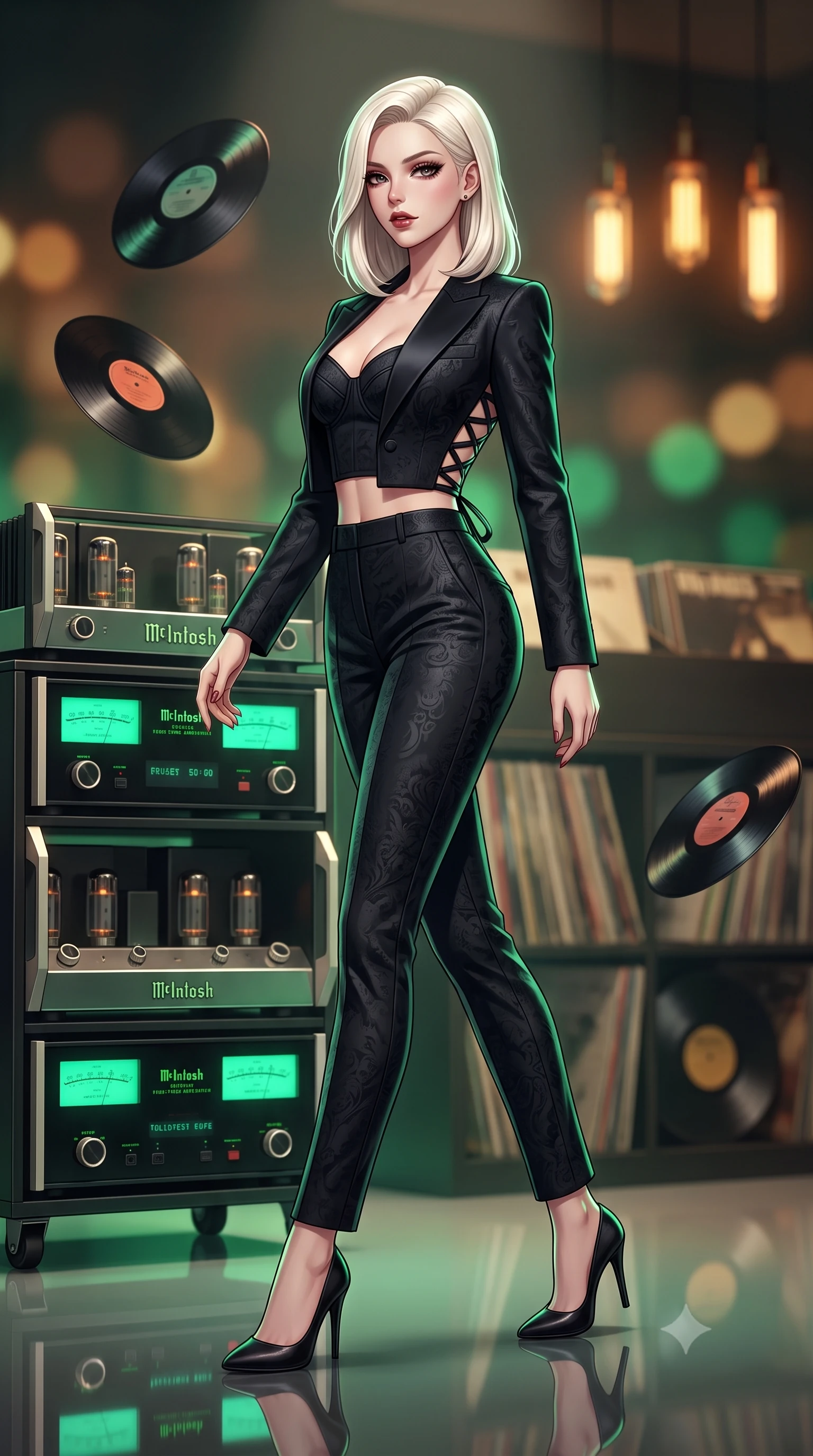 score_9, masterpiece, best quality, ultra-detailed, high-budget anime keyframe, semi-realistic 3D game render, editorial fashion photography, tasteful artistic composition, Caucasian woman. low angle full-body shot from head to toe showing her feet, filling the entire 9:16 vertical frame with her statuesque presence, stretching her vertical silhouette. striding forward gracefully across the reflective floor with sovereign supermodel poise, hips swaying in an alluring kinetic rhythm that accentuates her curvy hourglass silhouette and long slender legs while standing poised beside the massive McIntosh tube amplifier rack with hips cocked back, casting an intoxicating bedroom-gaze past floating vinyl records. The composition keeps background elements in soft focus with dreamy creamy bokeh. glowing green McIntosh amplifier dials, rows of vintage vinyl record sleeves, and amber tube lights blurred into warm emerald, amber, and charcoal bokeh. She has an exceptionally tall and slender model-like 8.5-heads proportion, an ultra-slim waist, a flat toned midriff, narrow delicate ribcage, and beautifully sculpted feminine hips creating a graceful, slim hourglass silhouette without any bulky heaviness, with impossibly long slender legs. sharp v-shaped jawline, high-bridge nose, intricate jewel-like dark sparkling eyes with dangerous depth, thick curled eyelashes, glossy parted lips with a rich wine sheen, smoldering seductive half-smile with bedroom-eyes, exuding effortless superiority and intoxicating dark allure, flawlessly proportioned anatomical accuracy, strict slender model proportions, natural body alignment, perfectly sculpted long slender limbs, ultra-slim waistline, clean dynamic posture without body distortion. wearing a tailored cropped midnight-black tuxedo blazer worn over a structured bustier top and high-waisted cigarette trousers in ruby crimson and muted shadow black, tailored from rich silk jacquard with subtle embossed baroque patterns, featuring a dramatic criss-cross satin back lacing tracing her slender spine, the glove-like silhouette tightly following the natural contour of her hips and long slender legs with youthful 8.5-heads elegance. illuminated by focused spotlight key lights and subtle emerald rim lighting sharply defining her razor-sharp jawline, narrow waist, and curvy hips. highly saturated vibrant anime colors, detailed shading with soft gradients, rich glossy textures, high-contrast stereoscopic depth, volumetric dynamic lighting, master piece, 9:16 ratio