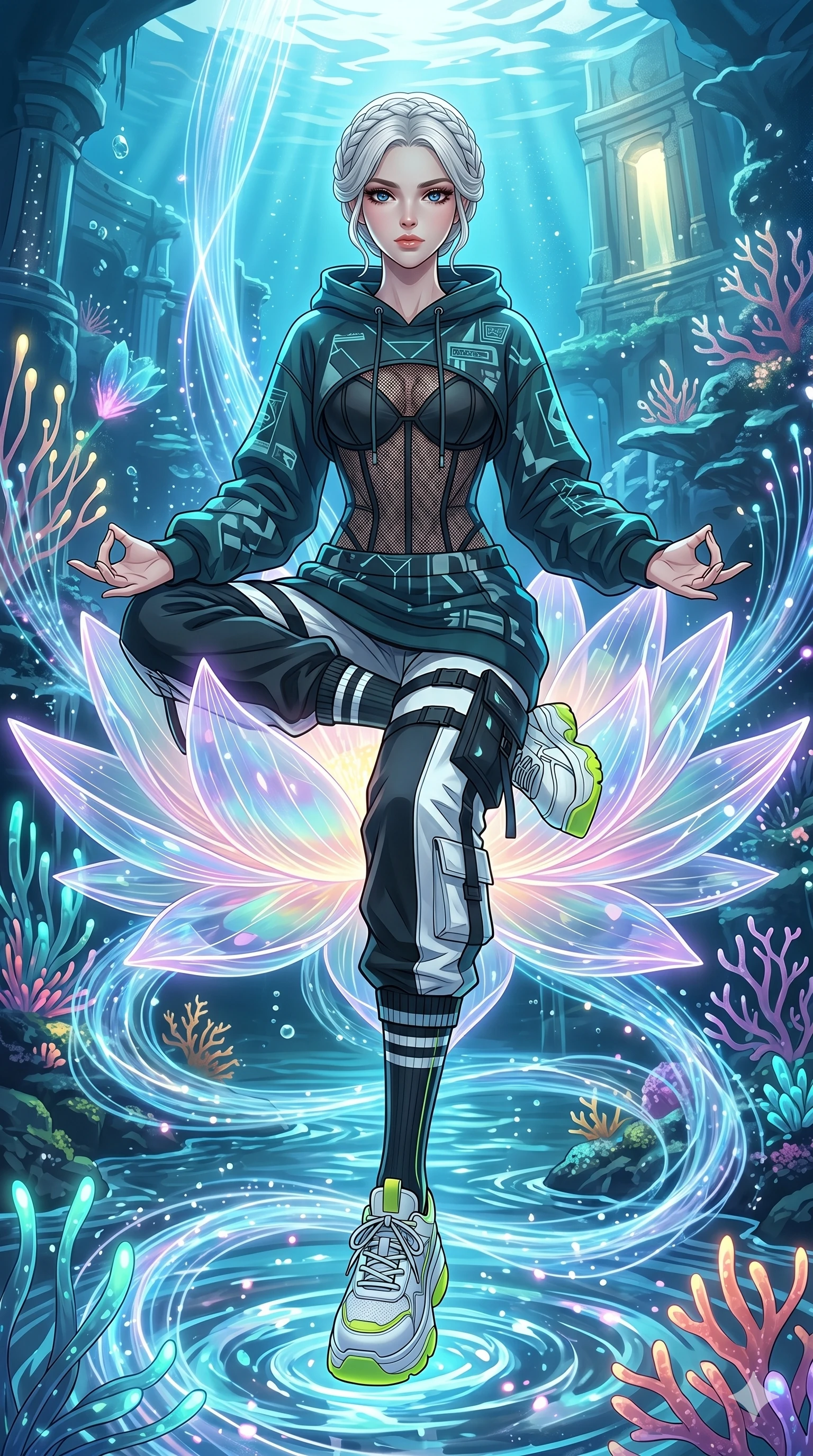 score_9, masterpiece, best quality, ultra-detailed, High-budget Anime Keyframe, vibrant colors, fluid line-art, expressive lighting, cinematic composition, Ufotable-style visual effects, top-tier animation quality, Caucasian woman with pale skin and refined features. Dynamic full-body shot stretching the vertical silhouette, capturing her from a powerful low-angle perspective. Meditating atop a massive digital lotus blossom that floats on a pond of liquid light. She has an absolutely perfect 8-heads proportion, an exceptionally tall and slender female figure with impossibly long slender legs and an ultra-slim waist, her statuesque height and towering silhouette dominating the vertical 9:16 frame. Her face is a masterpiece featuring a sharp v-shaped jawline, high-bridge nose, intricate jewel-like eyes with depth, thick eyelashes, and glossy lips with a natural sheen. She is wearing a Oversized designer hoodie worn as a dress, paired with technical cargo joggers, a sheer corset top, and platform sneakers with knee-high socks.. The scene is set in an underwater Eden where the plants are made of light and fiber-optics. 2k, ultra detail, master piece, 9:16 ratio