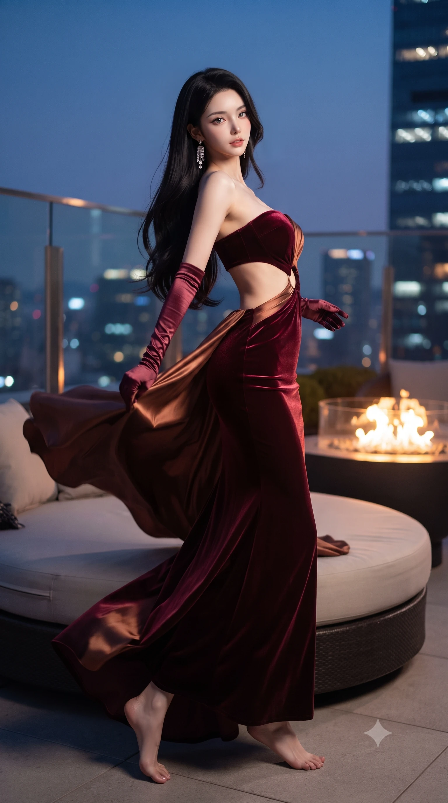 score_9, masterpiece, best quality, ultra-detailed, high-budget anime keyframe, editorial fashion photography, tasteful artistic composition, Korean woman. low angle full-body shot from head to toe showing her feet, filling the entire 9:16 vertical frame with her statuesque presence, stretching her vertical silhouette. executing an elegant mid-motion pivot turn as garments swirl around her slender limbs, glancing over her shoulder with an intoxicating bedroom-gaze while stretching languidly across an oversized circular lounge daybed, spine arched as warm midnight city light illuminates her sculpted hip silhouette. The composition keeps background elements in soft focus with creamy bokeh. glass terrace architecture and glowing fire pits softened in glamorous shallow depth of field. She has an absolutely perfect, statuesque 8.5-heads proportion, an exceptionally tall and slender model-like female figure with impossibly long slender legs, a toned flat midriff, an ultra-slim waist, and beautifully sculpted feminine hips. sharp v-shaped jawline, high-bridge nose, intricate jewel-like eyes with depth, thick eyelashes, glossy parted lips with a natural sheen, intensely captivating and seductive bedroom-eyes expression, flawlessly proportioned anatomical accuracy, strict slender model proportions, natural body alignment, perfectly sculpted long slender limbs, ultra-slim waistline, clean dynamic posture without body distortion. wearing a sculptured strapless velvet evening gown with an open-waist ring cutout and body-hugging mermaid silhouette in rich wine burgundy and liquid bronze, made of fluid silk crepe with delicate inner corsetry boning, complemented by opera-length satin gloves and sparkling chandelier earrings, the form-contouring material adhering flawlessly to her sculpted flat midriff and slender torso, emphasizing her long leg lines and perfectly proportioned willowy build. bathed in twilight indigo sky tones and warm amber rooftop fire pit glow. ultra-reflective glossy finish, specular highlights, rich textural contrasts, high-contrast stereoscopic depth, volumetric dynamic lighting, 2k, ultra detail, master piece, 9:16 ratio