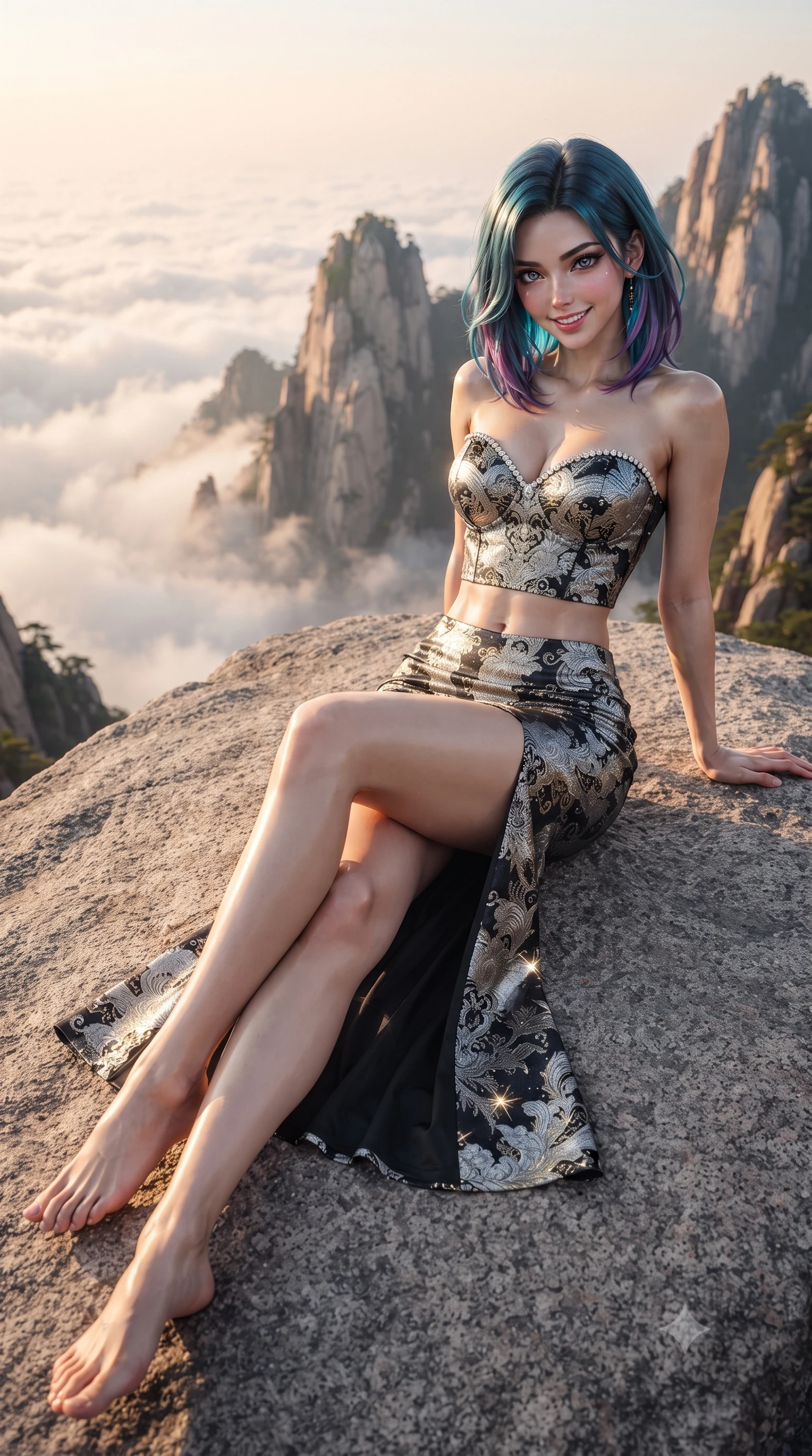 score_9, masterpiece, best quality, ultra-detailed, high-budget anime keyframe, editorial fashion photography, tasteful artistic composition, Caucasian woman. low angle full-body shot from head to toe showing her feet, filling the entire 9:16 vertical frame with her statuesque presence, stretching her vertical silhouette. sitting perched on the elevated pavilion terrace edge with legs crossed and hips angled toward the camera, displaying her toned midriff and long slender limbs with joyful, coquettish charm while lounging gracefully on a flat summit rock propped on one elbow, her long slender legs and flat midriff radiant in warm sunrise rays. The background shows a soft-focus towering jagged granite peaks piercing through endless rolling white cloud seas blurred into peach, ink-wash slate, and gold bokeh. She has an absolutely perfect, statuesque 8.5-heads proportion, an exceptionally tall and slender model-like female figure with impossibly long slender legs, an ultra-slim waist, a flat toned midriff, narrow delicate ribcage, and beautifully sculpted feminine hips creating a graceful, slim hourglass silhouette without any bulky heaviness. sharp v-shaped jawline, high-bridge nose, intricate jewel-like dark sparkling almond eyes with depth, thick lashes, glossy parted lips with a natural rose-plum sheen, bright alluring and coquettish smile with bedroom-eyes, exuding both timeless oriental elegance and sovereign high-fashion allure, flawlessly proportioned anatomical accuracy, strict slender model proportions, natural body alignment, perfectly sculpted long slender limbs, ultra-slim waistline, clean dynamic posture without body distortion. wearing a sweetheart-neckline oriental jacquard bustier top paired with a curve-hugging high-slit mermaid maxi skirt in stark monochrome black and white ink contrast, woven from metallic gold and silver thread casting subtle starlight glints, finished with subtle crystal rhinestones tracing the elegant neckline, the liquid-tight tailored silk fabric clinging flawlessly to her narrow waist and rounded feminine hips, emphasizing every millimeter of her sculpted slim hourglass curves without any bulky heaviness. bathed in glorious golden hour sunrise rays breaking over the vast sea of clouds. ultra-reflective glossy finish, specular highlights, rich textural contrasts, high-contrast stereoscopic depth, volumetric dynamic lighting, 2k, ultra detail, master piece, 9:16 ratio