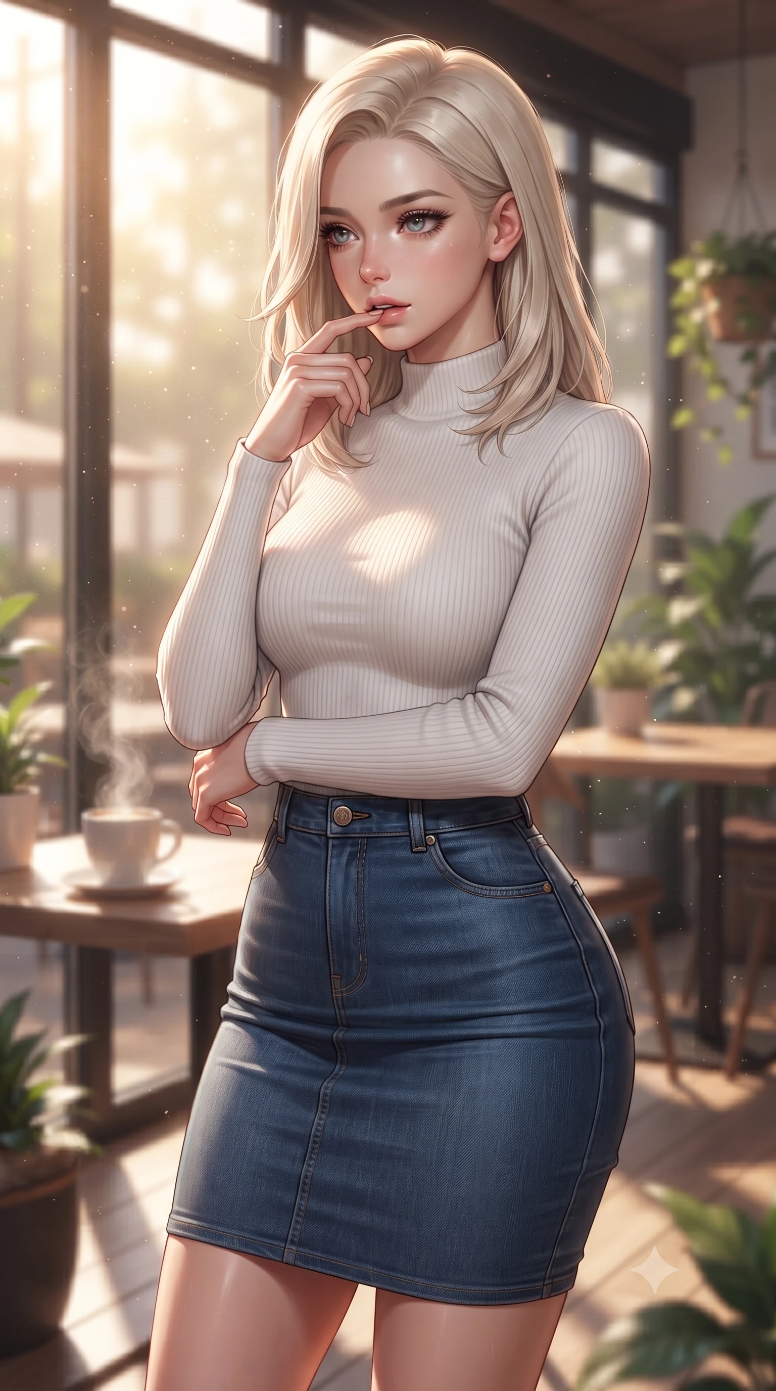 score_9, masterpiece, best quality, ultra-detailed, high-budget anime keyframe, editorial fashion photography, tasteful artistic composition, Caucasian woman woman. close-up cowboy shot from the waist and thighs up, the character dominates the composition, filling the frame with her large presence, background elements kept in soft focus. pressing one finger to her bottom lip in a thoughtful, seductive gesture under the warm sun the background shows a soft-focus a cozy corner of a modern café with large glass windows, wooden tables, and green houseplants. She has an exceptionally elegant, slender, and willowy female figure with an ultra-slim waist, a gracefully sculpted slender torso, and a refined silhouette. sharp v-shaped jawline, high-bridge nose, intricate jewel-like eyes with depth, thick eyelashes, glossy lips with a natural sheen. wearing a form-contouring form-contouring white ribbed mock-neck top paired with a tight denim pencil skirt. warm morning sunbeams streaming through the window, highlighting coffee steam. ultra-reflective glossy finish, specular highlights, metallic sheen, high-contrast stereoscopic depth, volumetric dynamic lighting, 2k, ultra detail, master piece, 9:16 ratio