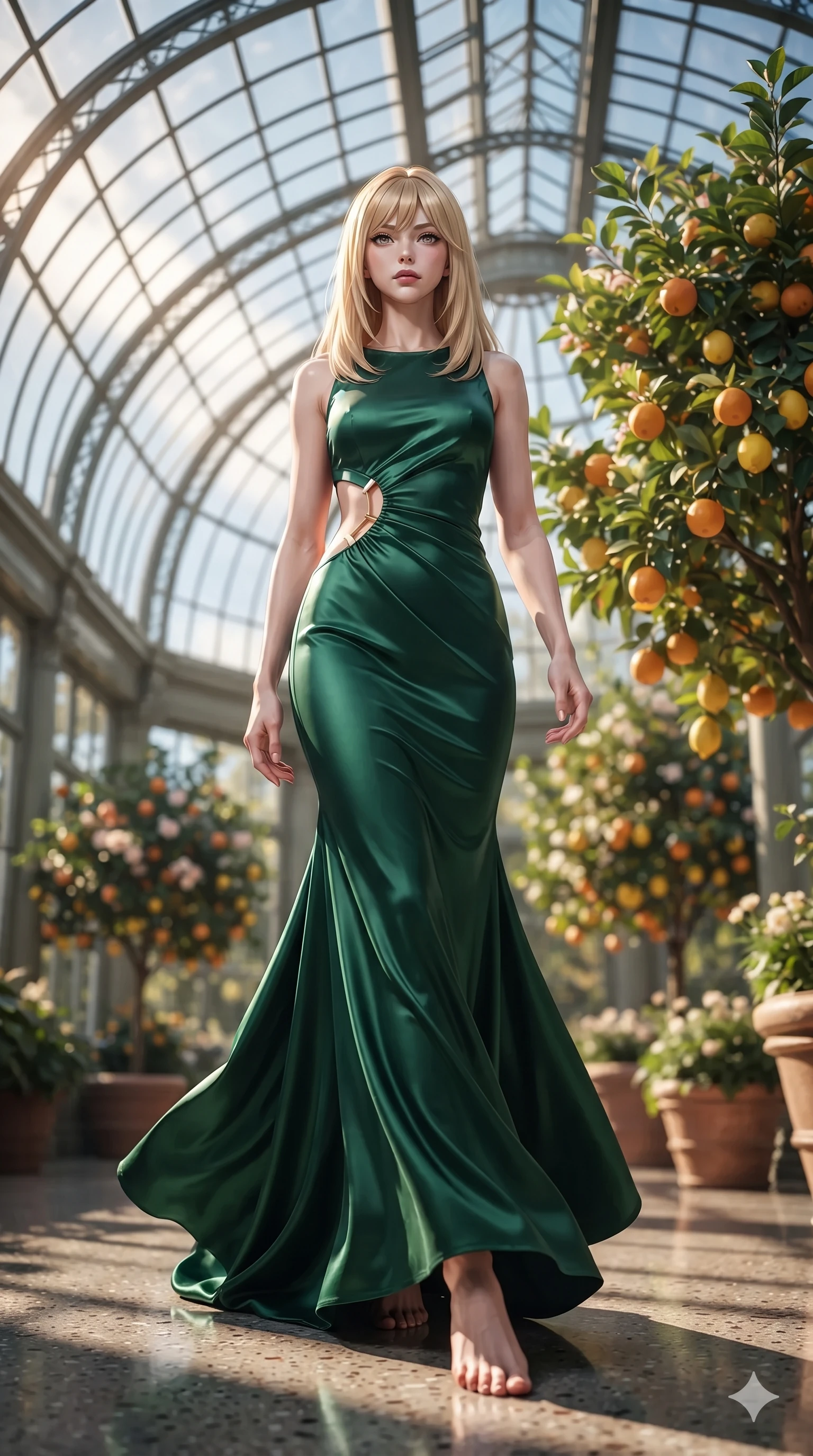 score_9, masterpiece, best quality, ultra-detailed, high-budget anime keyframe, editorial fashion photography, tasteful artistic composition, Japanese woman. low angle full-body shot from head to toe showing her feet, filling the entire 9:16 vertical frame with her statuesque presence, stretching her vertical silhouette. stepping forward in a confident stride, her long slender legs and curvaceous hips creating a dynamic, sweeping vertical line while standing poised beneath the soaring curved glass ceiling beside a flowering citrus tree, arching her spine with ethereal siren poise as afternoon sunbeams lance through glass panes. The background shows a soft-focus flowering orange and lemon trees in terracotta urns, classical marble sculptures, and curved glass roof ribs blurred into citrus gold, emerald, and ivory bokeh. She has an exceptionally tall and slender model-like 8.5-heads proportion, an ultra-slim waist, a flat toned midriff, narrow delicate ribcage, and beautifully sculpted feminine hips creating a graceful, slim hourglass silhouette without any bulky heaviness, with impossibly long slender legs. sharp v-shaped jawline, high-bridge nose, intricate jewel-like sparkling eyes with depth, thick eyelashes, glossy parted lips with a natural sheen, intensely captivating and seductive bedroom-eyes expression, exuding both youthful cute charm and sovereign luxury allure, flawlessly proportioned anatomical accuracy, strict slender model proportions, natural body alignment, perfectly sculpted long slender limbs, ultra-slim waistline, clean dynamic posture without body distortion. wearing a sculptured liquid-satin mermaid gown with an architectural open-waist cutout and bare spine in deep emerald green satin and gold hardware accents, crafted from luxurious metallic lamé that shifts radiance with every step, complemented by strappy stiletto sandals with metallic ankle wraps accentuating her slender calves, the impeccably tailored cut draping gracefully along her slender figure with aristocratic poise. illuminated by polished limestone floor reflections and sharp emerald-gold rim lights sculpting her razor-sharp jawline, narrow waist, and curvy hips. ultra-reflective glossy finish, specular highlights, rich textural contrasts, high-contrast stereoscopic depth, volumetric dynamic lighting, 2k, ultra detail, master piece, 9:16 ratio