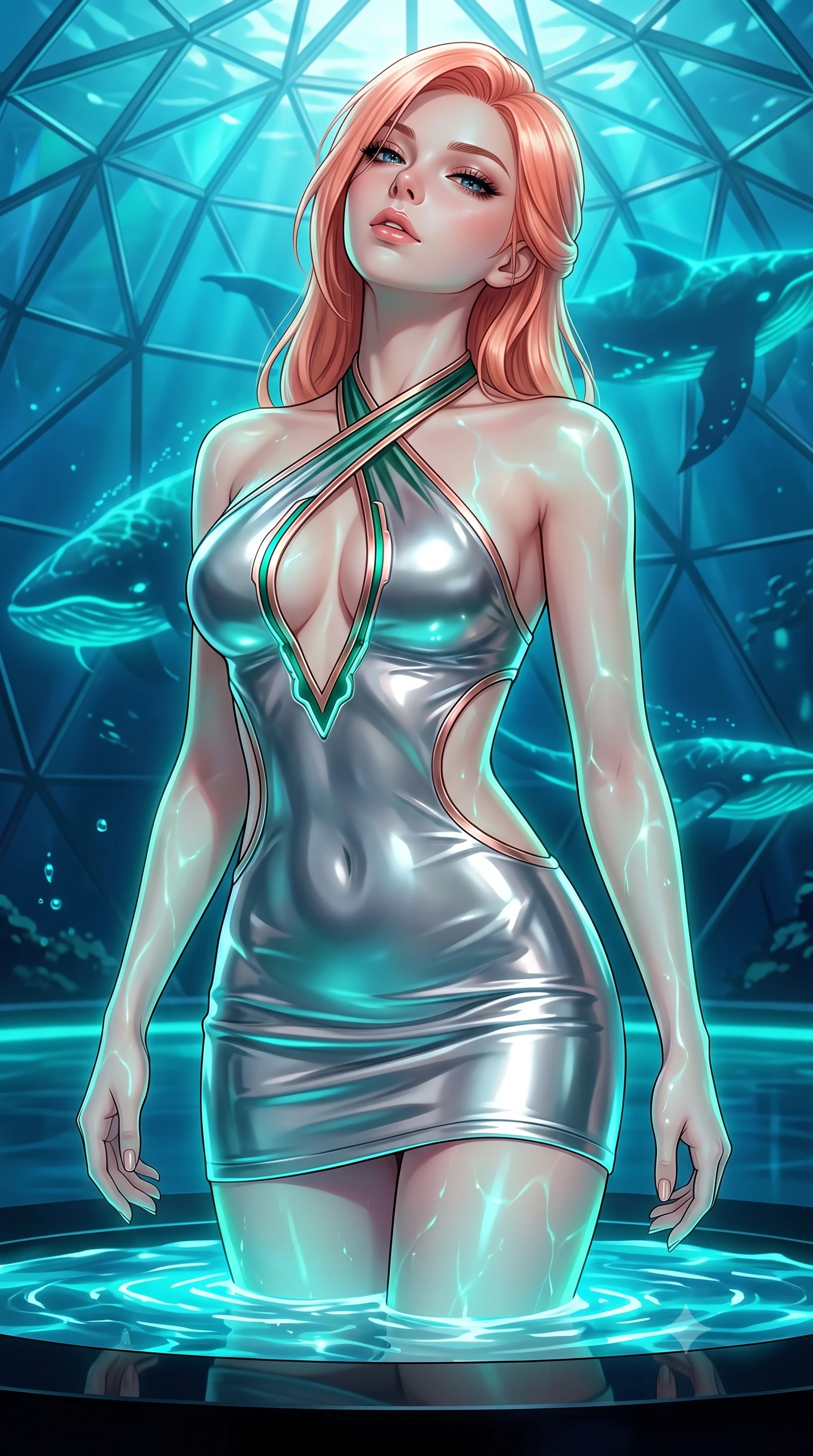 score_9, masterpiece, best quality, ultra-detailed, high-budget anime keyframe, semi-realistic 3D game render, editorial fashion photography, tasteful artistic composition, Japanese woman. close-up cowboy shot from the waist and thighs up, the character dominates the composition, filling the frame with her large presence. tilting her head back with a sensual alluring expression, exposing her throat and shoulders to the camera with heavy lashes and softly parted glossy lips while rising with sovereign elegance from a pool of bioluminescent sea water on a polished obsidian pedestal. The surrounding environment is rendered in vivid detail and crisp panoramic clarity. intricate crystal dome geometric facets, swimming bioluminescent leviathan silhouettes, and clear caustics in deep focus. She has an exceptionally elegant, slender, and willowy female figure with an ultra-slim waist, a gracefully sculpted slender torso, and a refined silhouette. sharp v-shaped jawline, high-bridge nose, intricate jewel-like eyes with depth, thick eyelashes, glossy lips with a natural sheen, flawlessly proportioned anatomical accuracy, natural body alignment, perfectly sculpted elegant limbs, clean dynamic posture without body distortion. wearing a molten silver liquid-metal mini dress featuring deep side-waist cutouts and a daring crossover halter neckline in emerald green and metallic rose gold trim, crafted from ultra-reflective second-skin latex with a glass-like polish, featuring a dangerously unzipped neckline framed by glowing cybernetic accents, the form-contouring second-skin material highlighting her ultra-slim waist and long lines. bathed in deep aquamarine and glowing emerald bioluminescent rim lighting with crisp water refractions. highly saturated vibrant anime colors, detailed shading with soft gradients, rich glossy textures, high-contrast stereoscopic depth, volumetric dynamic lighting, master piece, 9:16 ratio