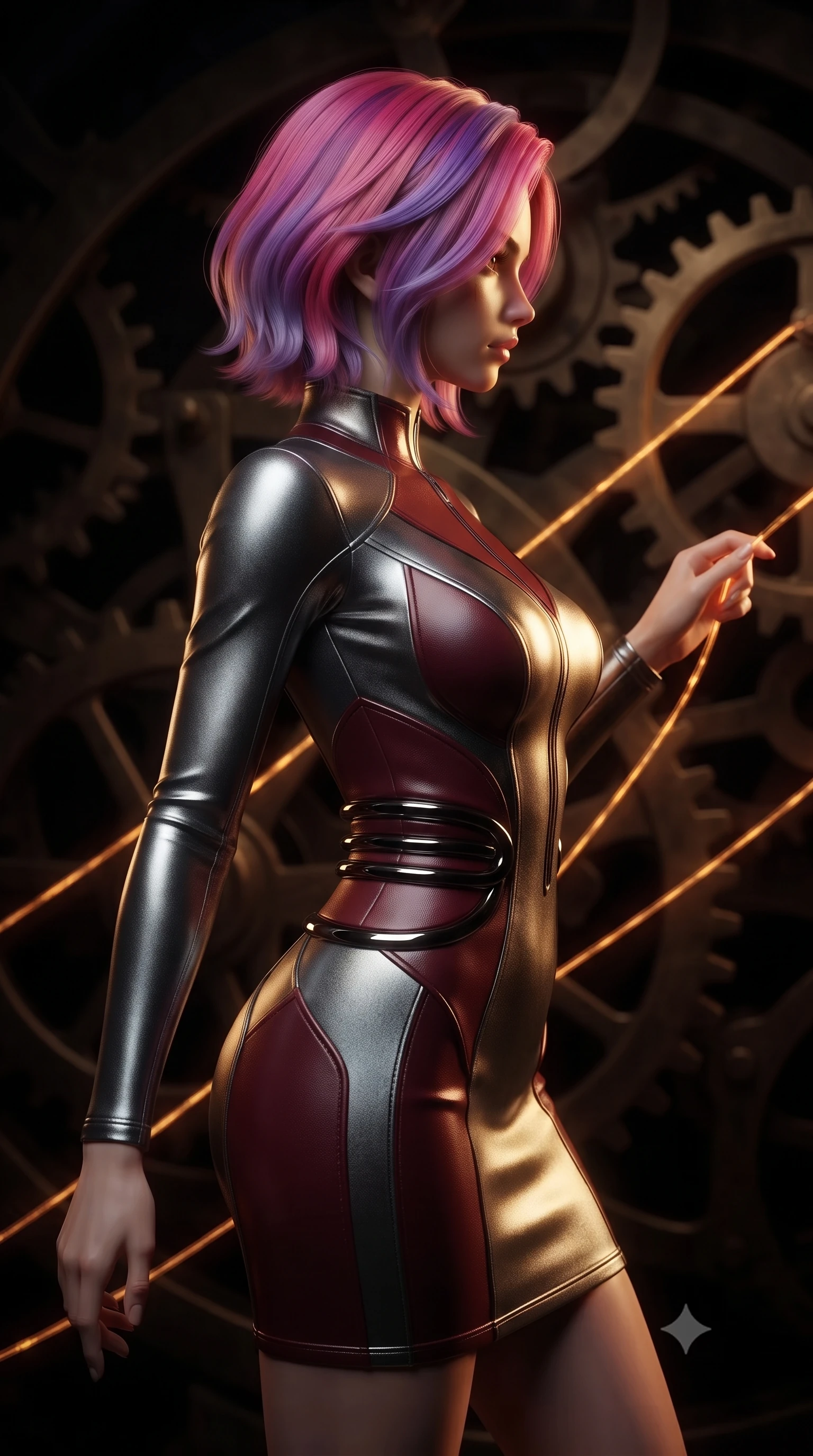 score_9, masterpiece, best quality, ultra-detailed, high-budget anime keyframe, editorial fashion photography, tasteful artistic composition, Caucasian woman. close-up cowboy shot from the waist and thighs up, the character dominates the composition, filling the frame with her large presence, background elements kept in soft focus. Turning her face in sharp dramatic profile against the moody key light, threading glowing amber clock wires through dark bronze mechanical sprockets, shadowy gear teeth rotating slowly in the dark background. She has an exceptionally elegant, slender, and willowy female figure with an ultra-slim waist, a gracefully sculpted slender torso, and a refined silhouette. sharp v-shaped jawline, high-bridge nose, intricate jewel-like eyes with depth, thick eyelashes, glossy lips with a natural sheen. wearing aerodynamic second-skin dark silver metallic bodycon dress in deep crimson burgundy, made of polished black leather, accented with sculpted obsidian chrome rings at the waist, sculpting her athletic slender build with refined precision. bathed in warm brass highlights contrasting against pitch-black clockwork shadows. highly saturated vibrant anime colors, detailed shading with soft gradients, rich glossy textures, high-contrast stereoscopic depth, volumetric dynamic lighting, master piece, 9:16 ratio