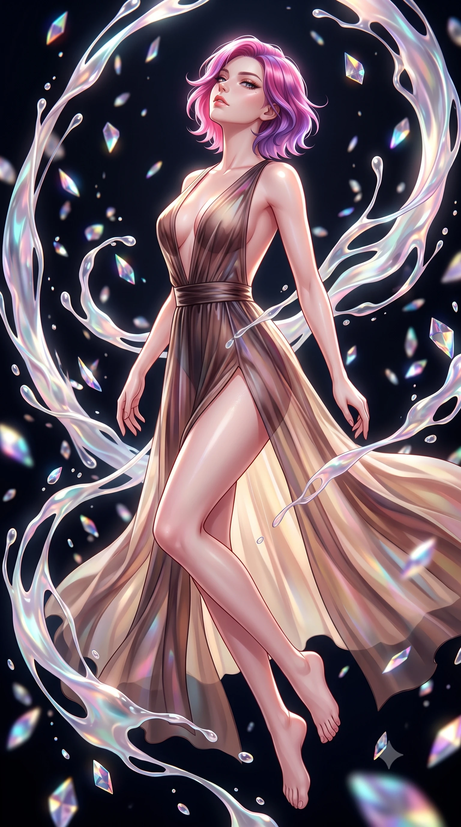 score_9, masterpiece, best quality, ultra-detailed, high-budget anime keyframe, editorial fashion photography, tasteful artistic composition, Caucasian woman. close-up cowboy shot from the waist and thighs up, the character dominates the composition, filling the frame with her large presence, background elements kept in soft focus. Tilting her chin up with an air of effortless superiority while balancing dynamically amidst the scene while floating dynamically in a high-contrast void surrounded by suspended prismatic mirror petals, viscous opal liquid trails swirling around her silhouette in fluid zero-gravity arcs. She has an exceptionally elegant, slender, and willowy female figure with an ultra-slim waist, a gracefully sculpted slender torso, and a refined silhouette. sharp v-shaped jawline, high-bridge nose, intricate jewel-like eyes with depth, thick eyelashes, glossy lips with a natural sheen, flawlessly proportioned anatomical accuracy, natural body alignment, perfectly sculpted elegant limbs, clean dynamic posture without body distortion. wearing a translucent iridescent chiffon gown with a plunging neckline and open back in espresso brown and warm cream, crafted from smooth liquid silk, finished with a sleek side slit ascending to mid-thigh, the form-contouring material highlighting her ultra-slim waist and long lines. illuminated by high-contrast studio spotlights with ultra-bright specular highlights. highly saturated vibrant anime colors, detailed shading with soft gradients, rich glossy textures, high-contrast stereoscopic depth, volumetric dynamic lighting, master piece, 9:16 ratio