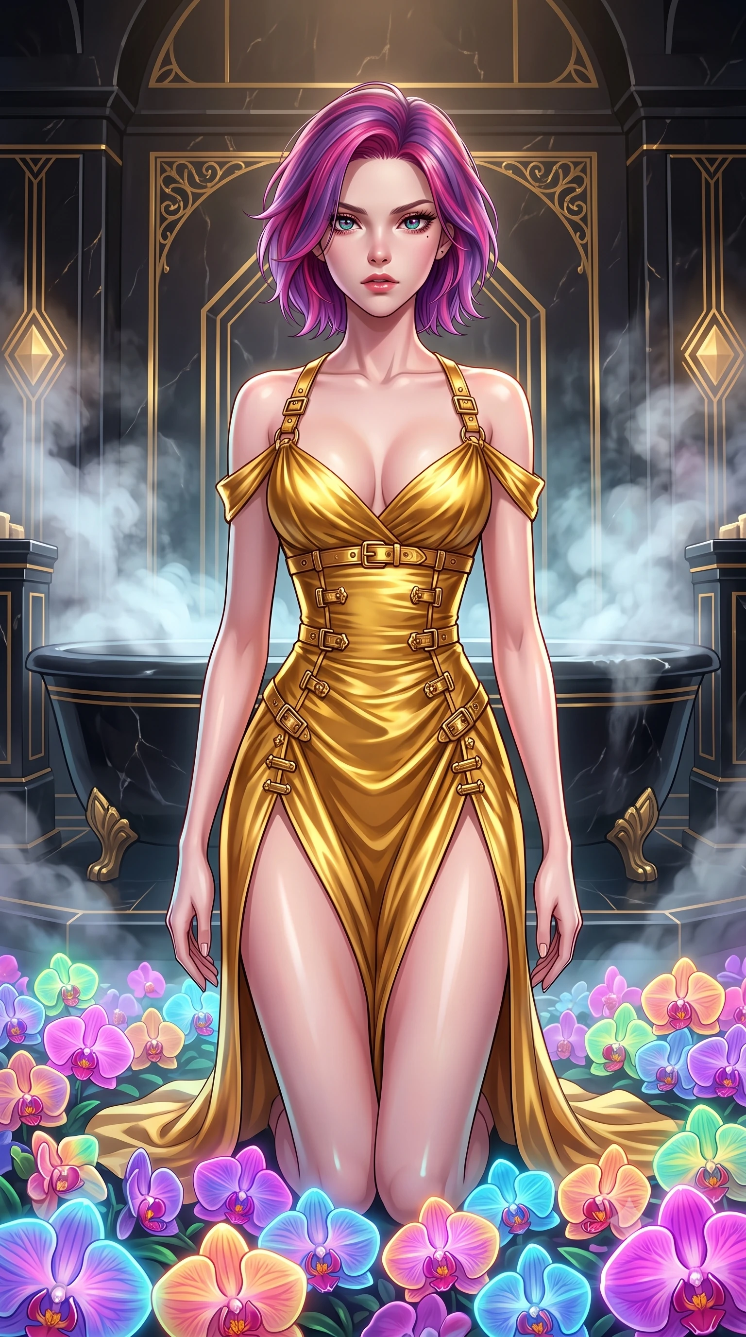 score_9, masterpiece, best quality, ultra-detailed, High-budget Anime Keyframe, Caucasian woman, strictly human ears. Low angle cowboy shot filling the entire 9:16 frame with her statuesque presence. Scenario 283: kneeling on a soft bed of glowing neon orchids under a steam-filled bathhouse built of black obsidian stone and gold accents. Her presence is magnetic and overpowering in this high-budget anime scene. Outfit 283: a tailored molten liquid silk gold with a low-cut shoulder and metallic buckles. The clothing is designed to emphasize her exceptionally tall and slender 8-heads proportion. 8-heads proportion, towering silhouette, ultra-slim waist. sharp v-shaped jawline, intricate jewel-like eyes with depth, thick eyelashes, glossy lips. 2k, ultra detail, master piece, 9:16 ratio