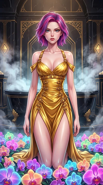 score_9, masterpiece, best quality, ultra-detailed, High-budget Anime Keyframe, Caucasian woman, strictly human ears. Low angle cowboy shot filling the entire 9:16 frame with her statuesque presence. Scenario 283: kneeling on a soft bed of glowing ne