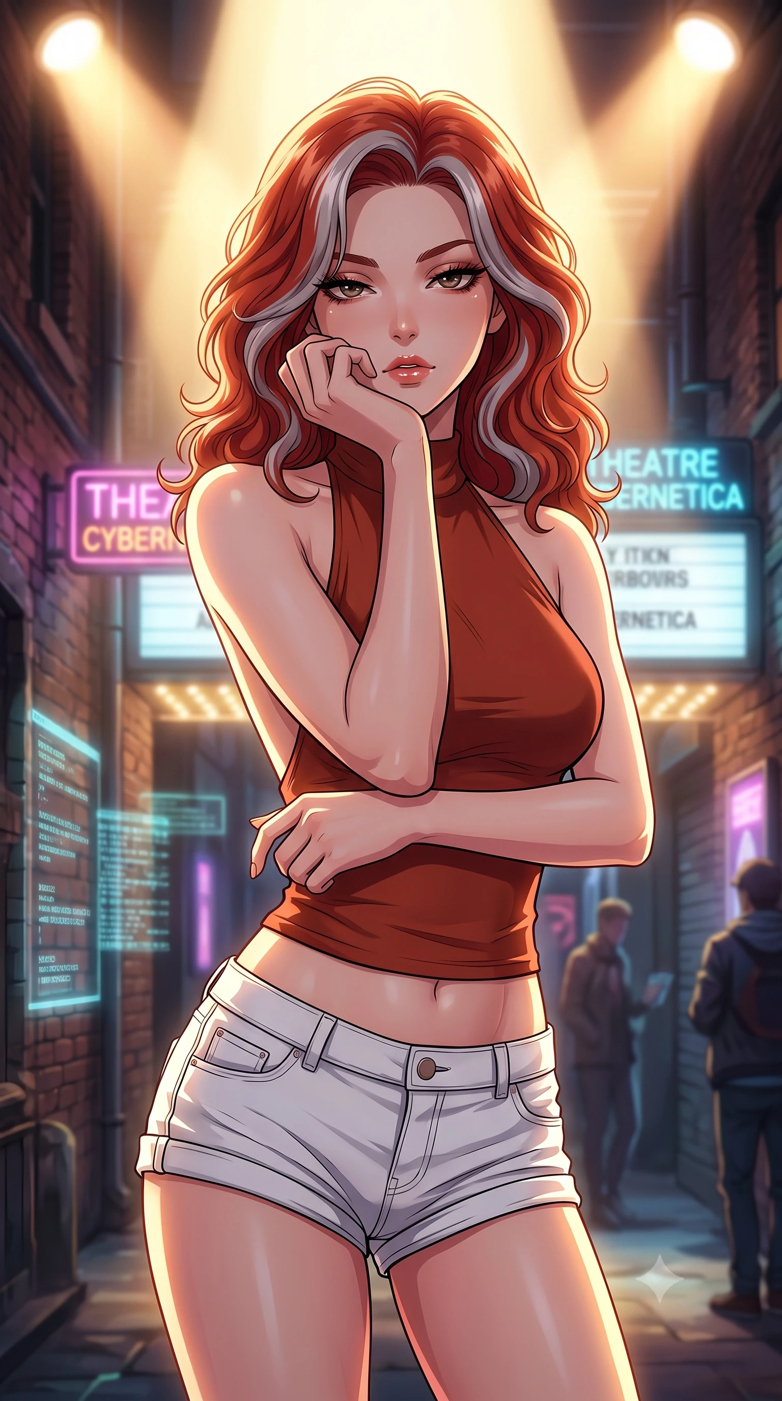 score_9, masterpiece, best quality, ultra-detailed, high-budget anime keyframe, tasteful artistic composition, Caucasian woman. close-up cowboy shot from the waist and thighs up, the character dominates the composition, filling the frame with her large presence, background elements kept in soft focus. resting her chin on the backs of her fingers, casting a heavy-lidded, sultry look past the camera the background shows a soft-focus a secluded alleyway behind a glowing cybernetic theatre facade. She has an exceptionally elegant, slender, and willowy female figure with an ultra-slim waist, a gracefully sculpted slender torso, and a refined silhouette. sharp v-shaped jawline, high-bridge nose, intricate jewel-like eyes with depth, thick eyelashes, glossy lips with a natural sheen. wearing a form-contouring backless halter top in terracotta red, paired with white denim micro-shorts. dramatic theater spotlights casting a bright warm key light on her silhouette. highly saturated vibrant anime colors, cel-shading, 2d style, master piece, 9:16 ratio