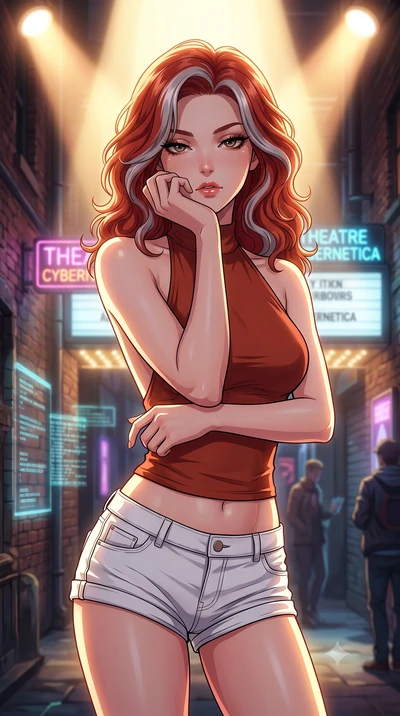 score_9, masterpiece, best quality, ultra-detailed, high-budget anime keyframe, tasteful artistic composition, Caucasian woman. close-up cowboy shot from the waist and thighs up, the character dominates the composition, filling the frame with her lar