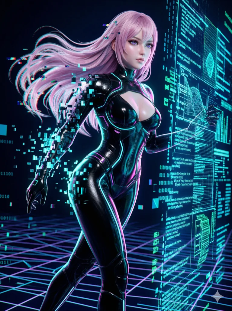 score_9, masterpiece, best quality, ultra-detailed, stylized game character render, an incredibly beautiful Japanese woman. Low angle cowboy shot filling the frame. She is a VR assassin in a glitchy digital world, her body partially pixelating as she moves through a data wall. She has an absolutely perfect 8-heads proportion, an exceptionally tall female figure with long slender legs and a voluptuous body. Her face is a highly detailed masterpiece featuring a v-shaped jawline, high-bridge nose, intricate jewel-like eyes, thick eyelashes, and glossy lips. She has pastel pink flowing hair with glitch effects. She is wearing a tight-fitting glossy latex suit, cleavage visible, highlighting her alluring silhouette. Digital artifacts and neon grid, dramatic rim lighting, radiant glowing skin, cinematic dynamic light, 2k, ultra detail, master piece, 3:4 ratio