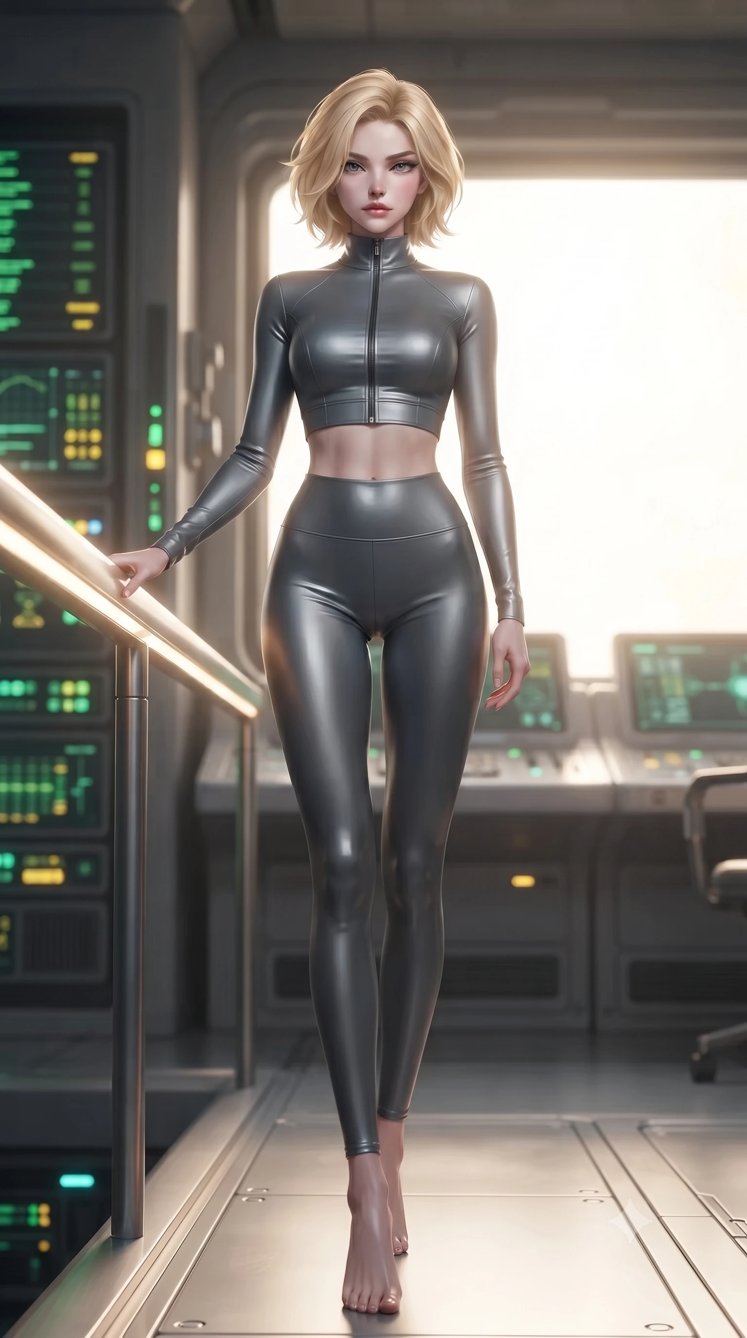 score_9, masterpiece, best quality, ultra-detailed, high-budget anime keyframe, editorial fashion photography, tasteful artistic composition, Caucasian woman. low angle full-body shot from head to toe showing her feet, filling the entire 9:16 vertical frame with her statuesque presence, stretching her vertical silhouette. standing in a tall, confident posture with one hand on a glowing metal railing, stretching her statuesque body, the background shows a soft-focus a solar collector control room with blinking green telemetry racks. She has an absolutely perfect, statuesque 8.5-heads proportion, an exceptionally tall and slender model-like female figure with impossibly long slender legs and an ultra-slim waist. sharp v-shaped jawline, high-bridge nose, intricate jewel-like eyes with depth, thick eyelashes, glossy lips with a natural sheen. wearing a tailored body-hugging high-neck activewear set of a zipped long-sleeve crop top and matching leggings in carbon-grey. soft green and yellow terminal glare contrasting with the blinding solar window view. ultra-reflective glossy finish, specular highlights, metallic sheen, high-contrast stereoscopic depth, volumetric dynamic lighting, 2k, ultra detail, master piece, 9:16 ratio