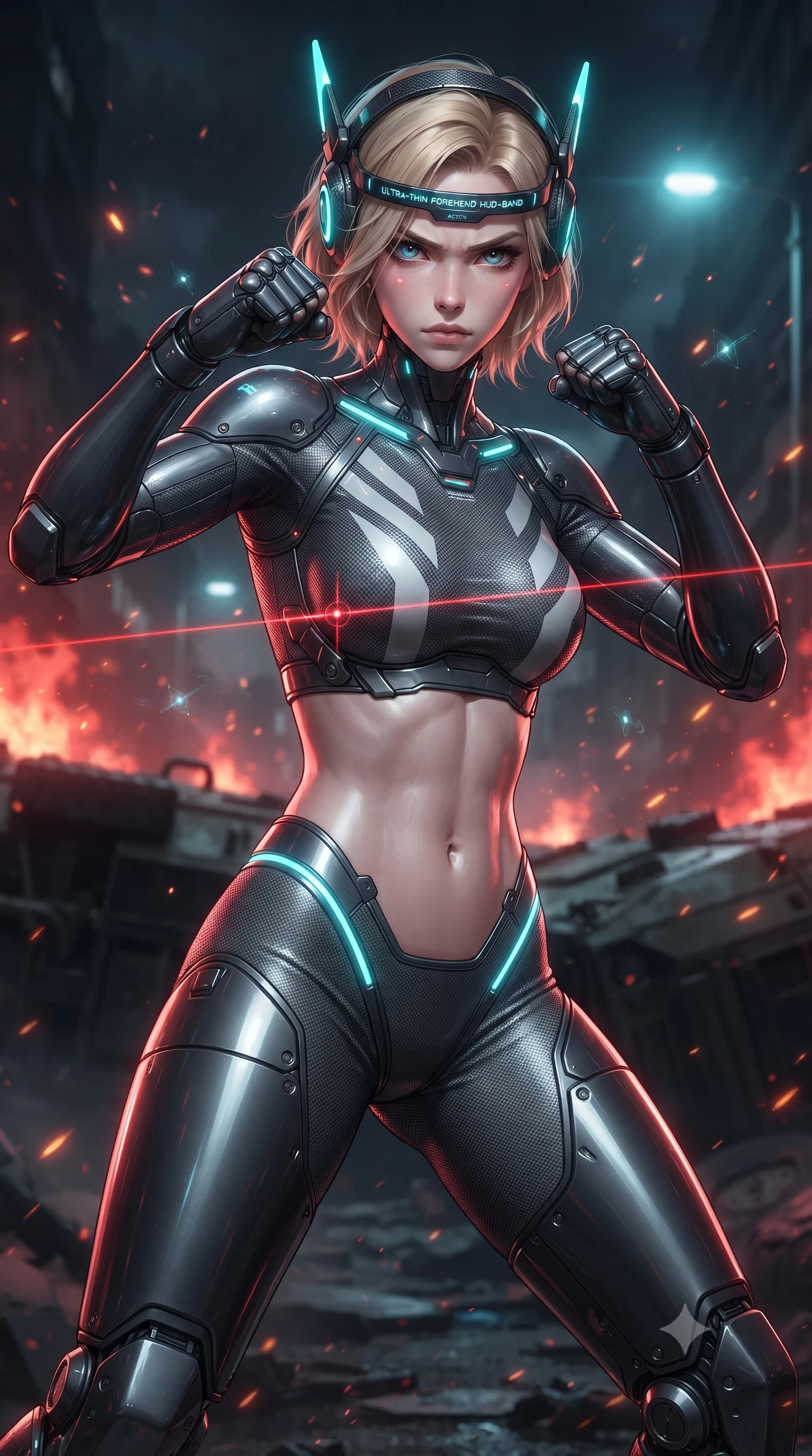 score_9, masterpiece, best quality, ultra-detailed, high-budget anime keyframe, editorial fashion photography, tasteful artistic composition, Caucasian woman. close-up cowboy shot from the waist and thighs up, the character dominates the composition, filling the frame with her large presence. in a razor-sharp Panzer Kunst fighting guard with raised fists, captivating jewel-like eyes locked onto the viewer with fierce, resolute determination while pivoting dynamically across overturned armored transports as red laser targeting sights sweep across her athletic torso. The composition keeps background elements in soft focus with creamy bokeh. drifting fire embers and holographic HUD motes scattering radiant glints across a dark urban warzone. She has an exceptionally elegant, slender, and willowy female figure with an ultra-slim waist, a gracefully sculpted slender torso, toned flat midriff, and a refined slim silhouette. sharp v-shaped jawline, high-bridge nose, intricate jewel-like eyes with depth, thick eyelashes, glossy lips with a natural sheen, fierce and resolute heroine expression, flawlessly proportioned anatomical accuracy, strict slender model proportions, natural body alignment, perfectly sculpted long slender limbs, ultra-slim waistline, clean dynamic posture without body distortion. wearing a lightweight carbon-fiber tactical sensory headpiece with glowing cyan ear-antennae and an ultra-thin forehead HUD brow-band, paired with an ultra-sleek high-gloss carbon-composite exoskeleton suit featuring kinetic shock-absorbing shin guards and flexible limb articulation joints in storm-grey carbon mesh with high-contrast white hazard stripes, made of liquid carbon-jersey fabric accentuating every curve of her tall, slender model proportions, accented with glowing fiber-optic telemetry conduits tracing her collarbones and hip curves, the sleek second-skin cut tightly hugging her graceful clavicle, narrow waist, and feminine curves with athletic precision. bathed in blazing crimson barricade fire glow and high-contrast electric cyan streetlamp rim lights. ultra-reflective glossy finish, specular highlights, dark metallic sheen, high-contrast stereoscopic depth, volumetric dynamic lighting, 2k, ultra detail, master piece, 9:16 ratio