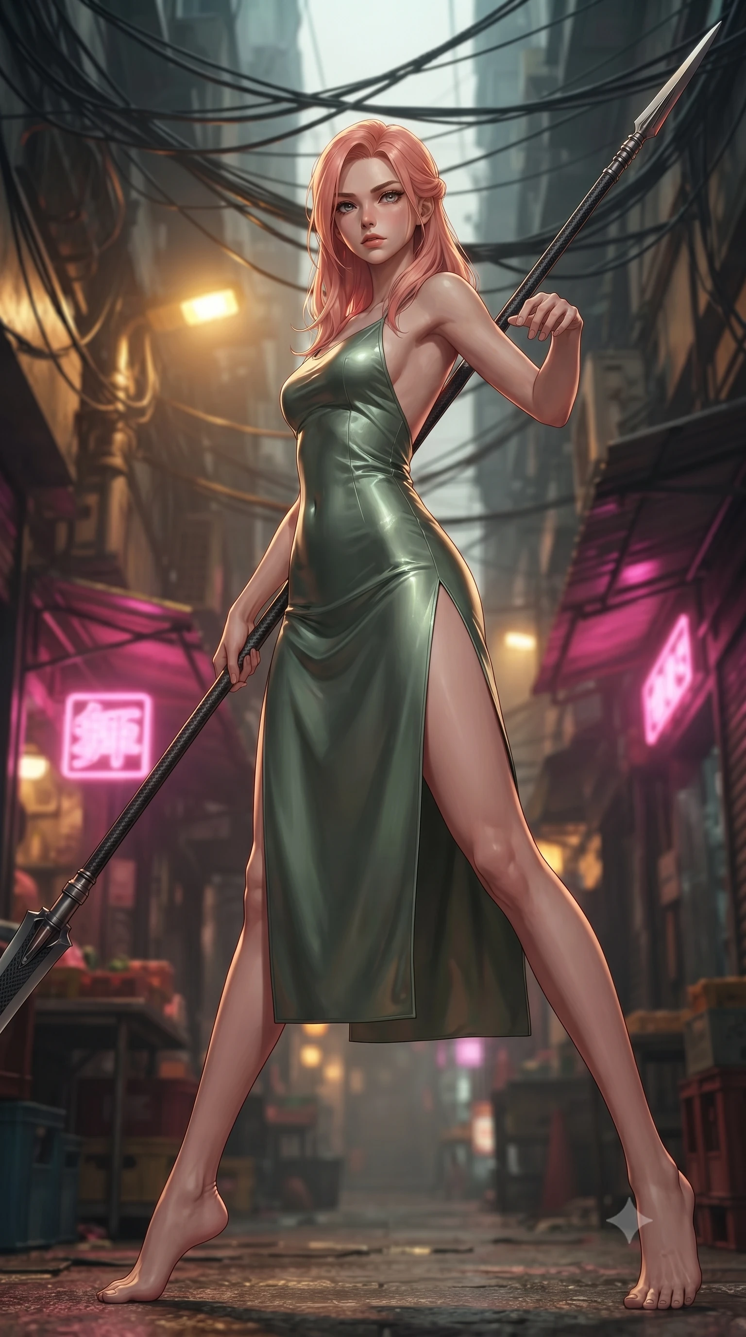 score_9, masterpiece, best quality, ultra-detailed, high-budget anime keyframe, editorial fashion photography, tasteful artistic composition, Japanese woman. low angle full-body shot from head to toe showing her feet, filling the entire 9:16 vertical frame with her statuesque presence, stretching her vertical silhouette. standing in a dynamic combat stance with a carbon-fiber spear held diagonally, stretching her statuesque body, the background shows a soft-focus a narrow cyber-bazaar alleyway under a dense canopy of hanging cables and wires. She has an absolutely perfect, statuesque 8.5-heads proportion, an exceptionally tall and slender model-like female figure with impossibly long slender legs and an ultra-slim waist. sharp v-shaped jawline, high-bridge nose, intricate jewel-like eyes with depth, thick eyelashes, glossy lips with a natural sheen. wearing a tailored lightweight silk combat slip dress in sage green, featuring a high side slit and a low-cut back. warm sodium yellow streetlamps contrasting with sharp electric pink accents. ultra-reflective glossy finish, specular highlights, metallic sheen, high-contrast stereoscopic depth, volumetric dynamic lighting, 2k, ultra detail, master piece, 9:16 ratio