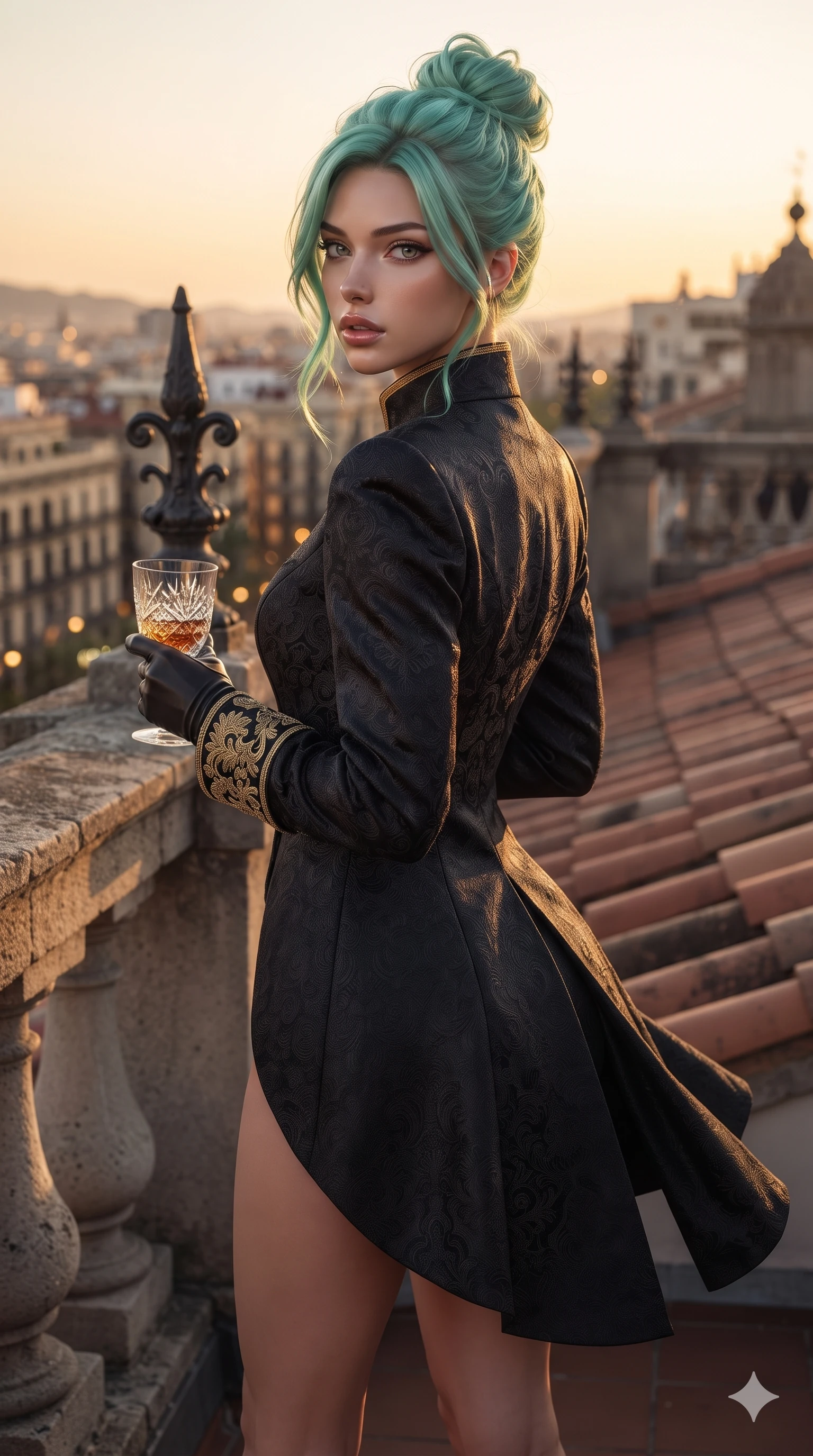 score_9, masterpiece, best quality, ultra-detailed, high-budget anime keyframe, editorial fashion photography, tasteful artistic composition, Japanese woman. close-up cowboy shot from the waist and thighs up, the character dominates the composition, filling the frame with her large presence. posing in an alluring rear three-quarter angle, looking over a bare shoulder with parted glossy lips, her hips cocked back to highlight her slim hourglass curve while standing poised on the elevated rooftop belvedere, arching her lower back to accentuate her curvy hips as the evening breeze flutters her hemline. The surrounding environment is rendered in vivid detail and crisp panoramic clarity: sharp weathered stone balustrade fissures, terracotta barrel tile texture, and wrought-iron finial details in deep focus. She has an exceptionally elegant, slender, and willowy female figure with an ultra-slim waist, flat toned midriff, narrow ribcage, and sculpted feminine hips creating an alluring, slim hourglass silhouette without bulk. sharp v-shaped jawline, high-bridge nose, intricate jewel-like eyes with depth, thick eyelashes, glossy parted lips with a natural sheen, intensely captivating and seductive bedroom-eyes expression, flawlessly proportioned anatomical accuracy, strict slender model proportions, natural body alignment, perfectly sculpted long slender limbs, ultra-slim waistline, clean dynamic posture without body distortion. wearing a royal Renaissance brocade ceremonial jacket with standing mandarin collar and gold-embroidered cuffs in dark onyx black and molten platinum, woven from structured carbon-fiber jacquard with rich textural depth, accessorized with opera-length satin gloves and a vintage crystal glass, the impeccably tailored cut draping gracefully along her slender figure with aristocratic poise. illuminated by low-angle golden sunset rays sculpting her sculpted collarbones, ultra-slim waist, and curvy hips. ultra-reflective glossy finish, specular highlights, rich textural contrasts, high-contrast stereoscopic depth, volumetric dynamic lighting, 2k, ultra detail, master piece, 9:16 ratio