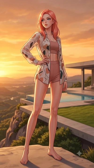 score_9, masterpiece, best quality, ultra-detailed, high-budget anime keyframe, editorial fashion photography, tasteful artistic composition, Japanese woman woman. low angle full-body shot from head to toe showing her feet, filling the entire 9:16 ve