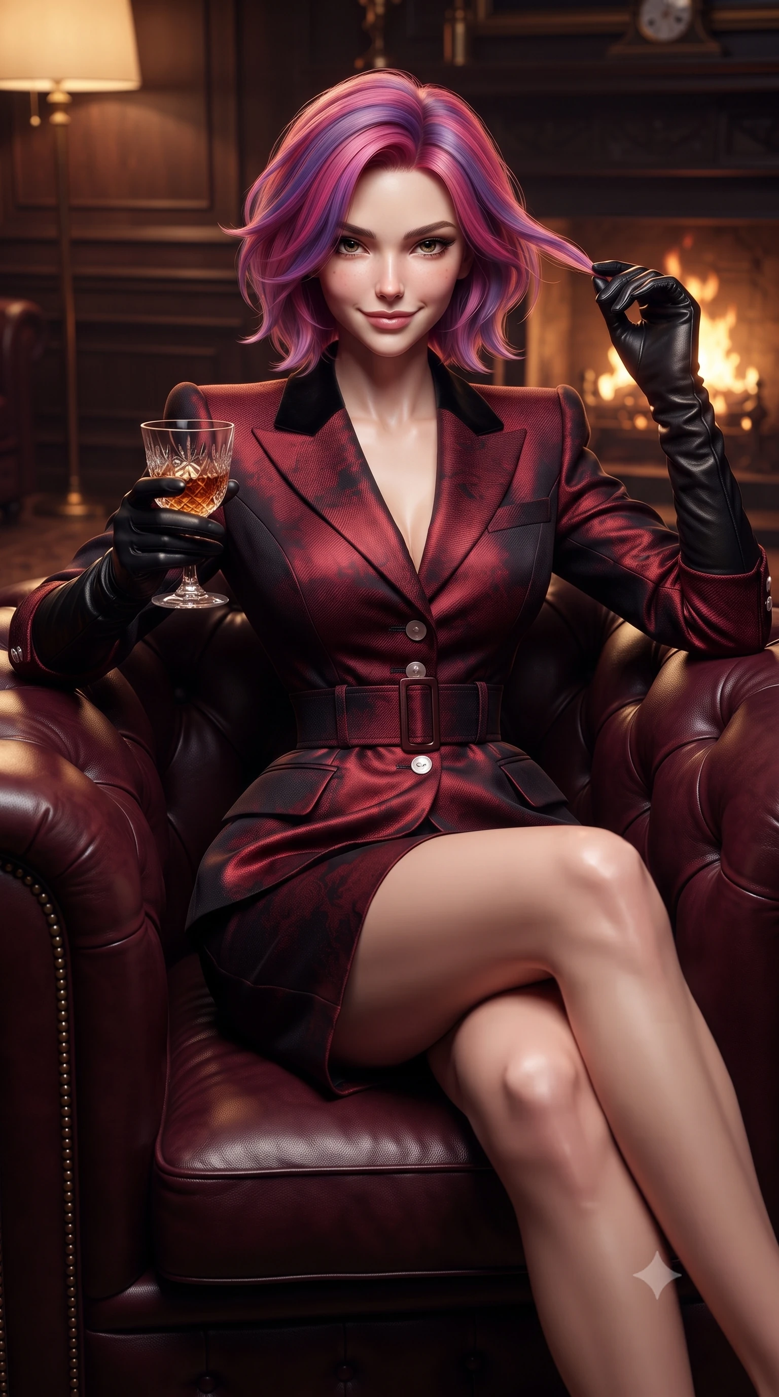 score_9, masterpiece, best quality, ultra-detailed, high-budget anime keyframe, editorial fashion photography, tasteful artistic composition, Caucasian woman. close-up cowboy shot from the waist and thighs up, the character dominates the composition, filling the frame with her large presence. twisting her slender torso in an alluring contrapposto stance, one hand toying with her hair while her gaze radiates magnetic charm while relaxing comfortably in a deep tufted burgundy Chesterfield armchair with legs crossed, holding a crystal glass with a knowing smile. The surrounding environment is rendered in vivid detail and crisp panoramic clarity: detailed tailored velvet collar blazer weave, mother-of-pearl button sheen, and aristocratic London club craftsmanship in razor-sharp precision. She has an exceptionally elegant, slender, and willowy female figure with an ultra-slim waist, flat toned midriff, narrow ribcage, and sculpted feminine hips creating an alluring, slim hourglass silhouette without bulk. sharp v-shaped jawline, high-bridge nose, intricate jewel-like sparkling eyes with depth, thick eyelashes, glossy parted lips with a natural peach sheen, bright cheerful beaming smile with an enchanting and coquettish sensual glint, exuding both youthful cute charm and seductive allure, flawlessly proportioned anatomical accuracy, strict slender model proportions, natural body alignment, perfectly sculpted long slender limbs, ultra-slim waistline, clean dynamic posture without body distortion. wearing a bespoke hourglass-tailored wool blazer dress with structured shoulders and a deeply cinched belt, highlighting her sculpted feminine hips in Kyoto autumn maple crimson and deep ink black, crafted from lustrous liquid satin crepe that drapes in body-clinging ripples catching ambient lights, complemented by buttery leather opera gloves tracing her slender arms with sleek polish, the liquid-tight tailored fabric clinging flawlessly to her narrow waist and rounded feminine hips, emphasizing every millimeter of her sculpted slim hourglass curves without any bulky heaviness. bathed in the rich, dancing warm 2400K hearth glow from the roaring fireplace mixed with soft brass floor lamp pools. ultra-reflective glossy finish, specular highlights, rich textural contrasts, high-contrast stereoscopic depth, volumetric dynamic lighting, 2k, ultra detail, master piece, 9:16 ratio