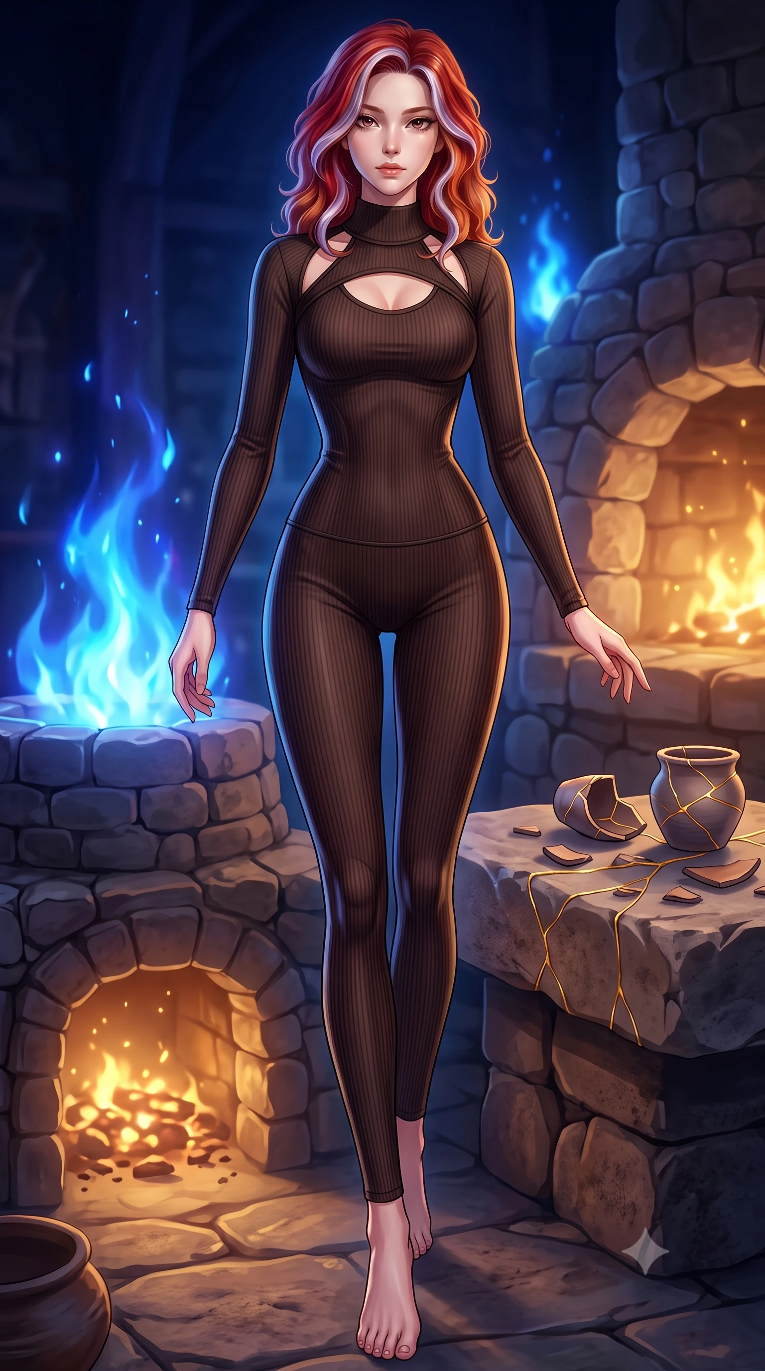 score_9, masterpiece, best quality, ultra-detailed, high-budget anime keyframe, editorial fashion photography, tasteful artistic composition, Caucasian woman. low angle full-body shot from head to toe showing her feet, filling the entire 9:16 vertical frame with her statuesque presence, stretching her vertical silhouette. navigating the luminous space with effortless poise, displaying her perfect model proportions resting near a stone kiln emitting soft warm golden and sapphire embers, delicate golden threads binding shattered pottery pieces together. She has an absolutely perfect, statuesque 8.5-heads proportion, an exceptionally tall and slender model-like female figure with impossibly long slender legs and an ultra-slim waist. sharp v-shaped jawline, high-bridge nose, intricate jewel-like eyes with depth, thick eyelashes, glossy lips with a natural sheen. wearing a form-fitting ribbed activewear set in espresso brown with elegant collar cutouts, the tailored fabric tightly following every curve of her athletic build. illuminated by a dramatic contrast of sapphire alchemy flames and warm golden glow. highly saturated vibrant anime colors, detailed shading with soft gradients, rich glossy textures, high-contrast stereoscopic depth, volumetric dynamic lighting, master piece, 9:16 ratio