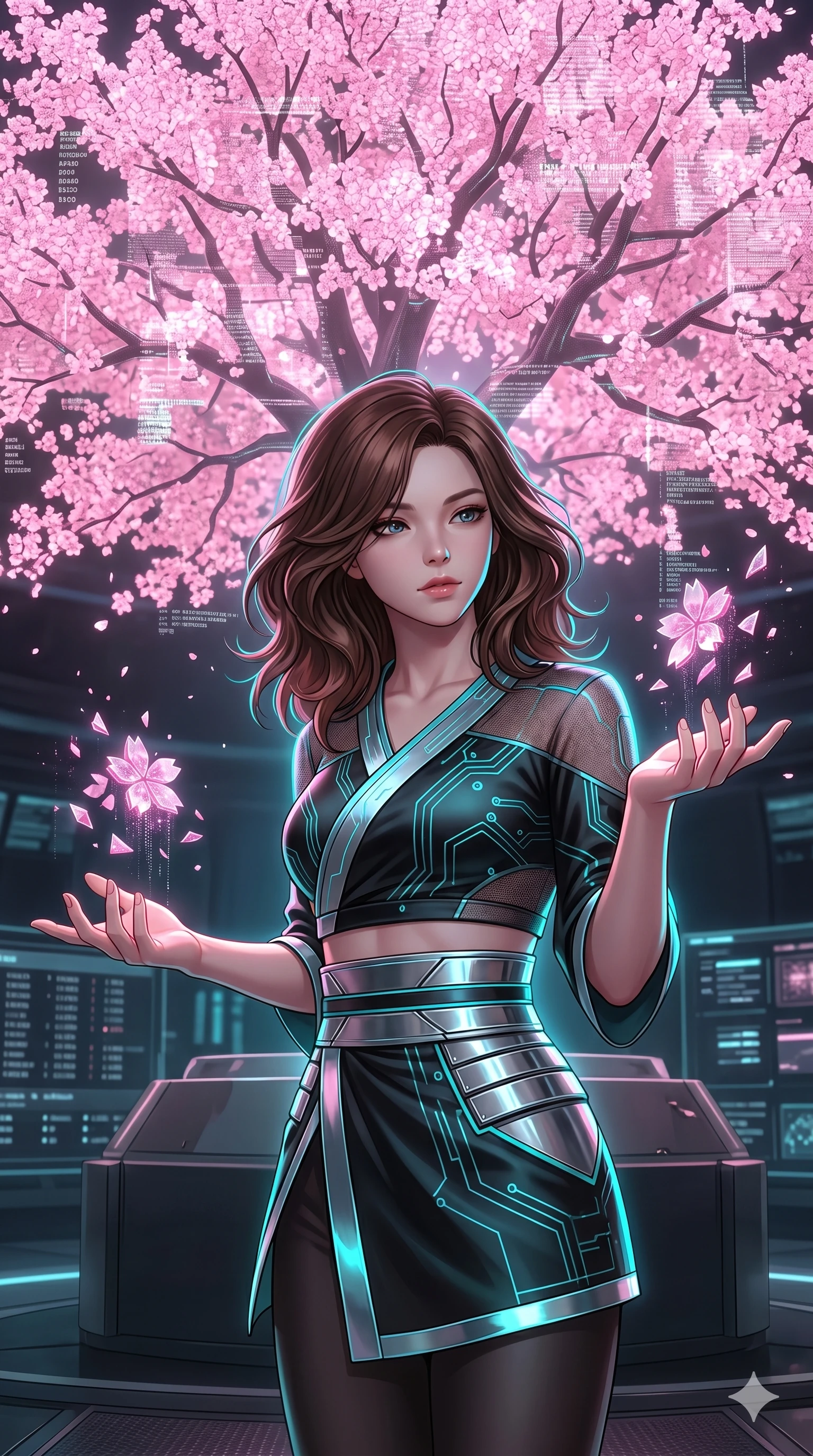 score_9, masterpiece, best quality, ultra-detailed, high-budget anime keyframe, Korean woman. Upper body close-up from the thighs up, character filling the screen for maximum presence. Standing under a giant digital cherry blossom tree, catching falling pink data shards with a serene and captivating look. She is wearing a cropped cyber-kimono wrap top with sheer panels and a high-waisted metallic sash. The scene is illuminated by the soft pink glow of the holographic tree and a cyan rim light. 2k, ultra detail, master piece, 9:16 ratio