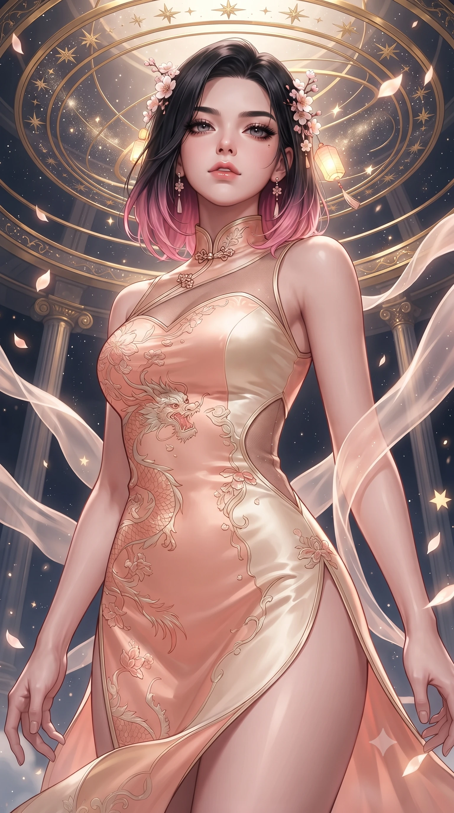 score_9, masterpiece, best quality, ultra-detailed, high-budget anime keyframe, editorial fashion photography, tasteful artistic composition, Korean woman. close-up cowboy shot from the waist and thighs up, the character dominates the composition, filling the frame with her large presence. tilting her chin up with proud, sovereign confidence while gazing directly into the lens with thick, dark eyelashes while floating weightlessly in a celestial sanctuary chamber where endless translucent silk ribbons and glowing star petals drift in zero gravity. The surrounding environment is rendered in vivid detail and crisp panoramic clarity. detailed golden star map rings, stardust cluster formations, and metallic jewelry accents in high clarity. She has an exceptionally elegant, slender, and willowy female figure with an ultra-slim waist, a gracefully sculpted slender torso, toned flat midriff, and a refined slim silhouette. sharp v-shaped jawline, high-bridge nose, intricate jewel-like eyes with depth, thick eyelashes, glossy lips with a natural sheen, captivating and magnetic expression, flawlessly proportioned anatomical accuracy, strict slender model proportions, natural body alignment, perfectly sculpted long slender limbs, ultra-slim waistline, clean dynamic posture without body distortion. wearing a dragon-embroidered silk cheongsam modern dress with asymmetrical sheer mesh cutouts and high Mandarin collar in soft peach blossom pink and warm ivory, tailored from traditional lustrous satin with delicate hand-stitched borders, accessorized with delicate cherry blossom hairpins and glowing paper lantern charms, the form-contouring material adhering flawlessly to her sculpted flat midriff and slender torso, emphasizing her long leg lines and perfectly proportioned willowy build. surrounded by an immortal, transcendent, and breathtakingly majestic cosmos empress aura. ultra-reflective glossy finish, specular highlights, rich textural contrasts, high-contrast stereoscopic depth, volumetric dynamic lighting, 2k, ultra detail, master piece, 9:16 ratio