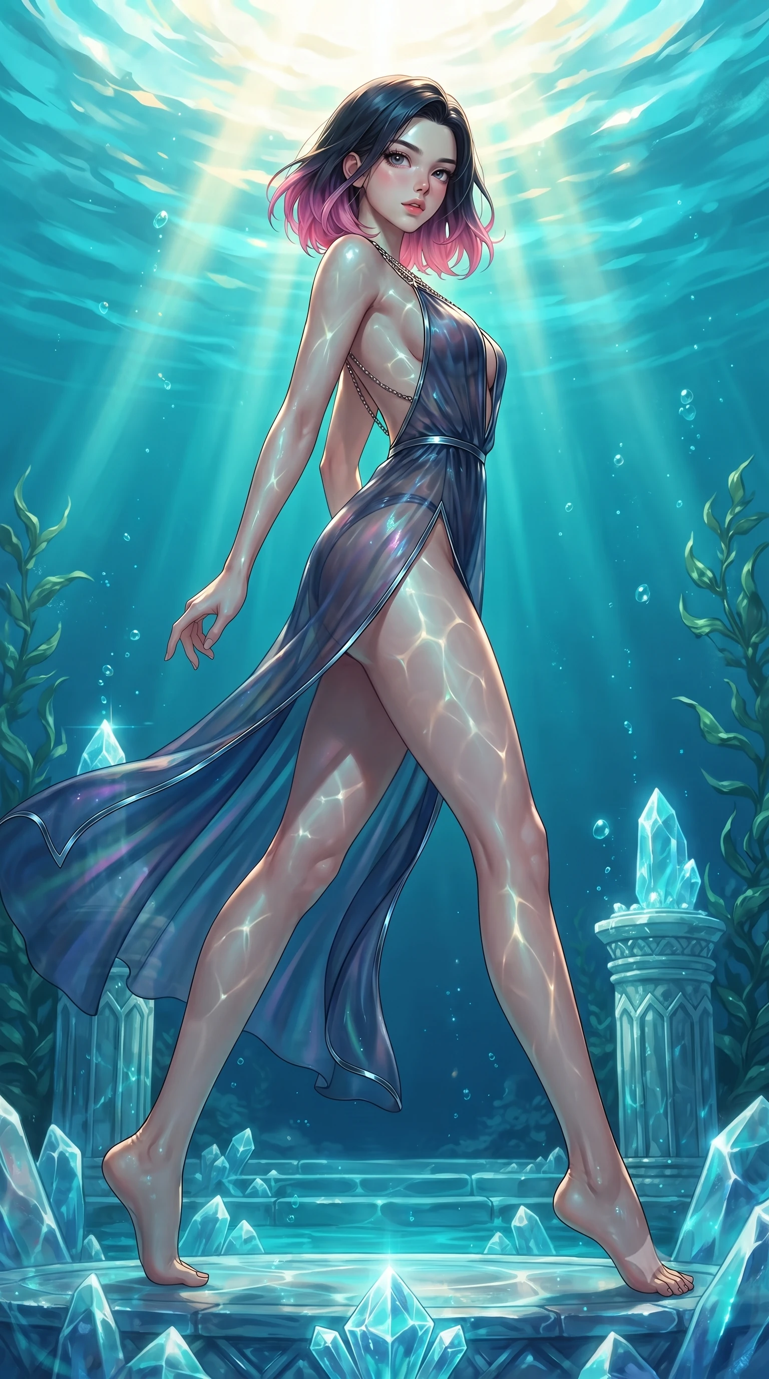 score_9, masterpiece, best quality, ultra-detailed, high-budget anime keyframe, editorial fashion photography, tasteful artistic composition, Korean woman. low angle full-body shot from head to toe showing her feet, filling the entire 9:16 vertical frame with her statuesque presence, stretching her vertical silhouette. forging dynamically through the scene with her long slender legs and ultra-slim waist creating a sweeping S-curve while pivoting her torso in an S-curve alignment over a crystal water altar flanked by sea vines, intense golden sunbeams penetrating deep turquoise water creating caustic light ripples. She has an absolutely perfect, statuesque 8.5-heads proportion, an exceptionally tall and slender model-like female figure with impossibly long slender legs and an ultra-slim waist. sharp v-shaped jawline, high-bridge nose, intricate jewel-like eyes with depth, thick eyelashes, glossy lips with a natural sheen, flawlessly proportioned anatomical accuracy, natural body alignment, perfectly sculpted elegant limbs, clean dynamic posture without body distortion. wearing a translucent iridescent chiffon gown with a plunging neckline and open back in midnight navy blue and chrome trim, formed from sleek second-skin neoprene, adorned with delicate metallic chain straps along the neckline, the form-contouring material highlighting her ultra-slim waist and long lines. bathed in brilliant underwater sunbursts and luminous turquoise caustic glow. ultra-reflective glossy finish, specular highlights, metallic sheen, high-contrast stereoscopic depth, volumetric dynamic lighting, 2k, ultra detail, master piece, 9:16 ratio