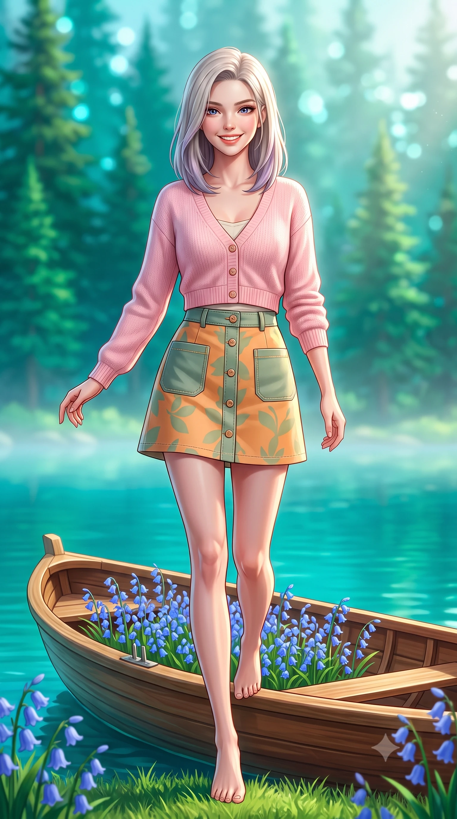 score_9, masterpiece, best quality, ultra-detailed, high-budget anime keyframe, semi-realistic 3D game render, editorial fashion photography, tasteful artistic composition, Caucasian woman. low angle full-body shot from head to toe showing her feet, filling the entire 9:16 vertical frame with her statuesque presence, stretching her vertical silhouette. walking forward in a cheerful, dynamic stride with a radiant beaming smile, her statuesque silhouette filling the frame while leaning gently against a vintage wooden rowboat filled with bluebells, casting a warm and charming gaze into the lens. The composition keeps background elements in soft focus with creamy bokeh. mirror-still turquoise lake waters and towering evergreen pine forests blurred into radiant emerald and cyan bokeh. She has an absolutely perfect, statuesque 8.5-heads proportion, an exceptionally tall and slender model-like female figure with impossibly long slender legs, a toned flat midriff, and an ultra-slim waist. sharp v-shaped jawline, high-bridge nose, intricate jewel-like eyes with depth, thick eyelashes, glossy lips with a natural sheen, pure and lovely fresh girlhood expression, flawlessly proportioned anatomical accuracy, strict slender model proportions, natural body alignment, perfectly sculpted long slender limbs, ultra-slim waistline, clean dynamic posture without body distortion. wearing a lovely baby-pink cropped knit cardigan paired with a high-waisted denim A-line mini skirt in warm apricot and sage green, tailored from crisp organic cotton poplin, finished with neat natural wooden buttons and patch pocket details, the tailored casual silhouette highlighting her fresh and youthful presence and perfectly proportioned slender frame. illuminated by soft morning mist backlighting and emerald water ambient bounce. highly saturated vibrant anime colors, detailed shading with soft gradients, rich glossy textures, high-contrast stereoscopic depth, volumetric dynamic lighting, master piece, 9:16 ratio