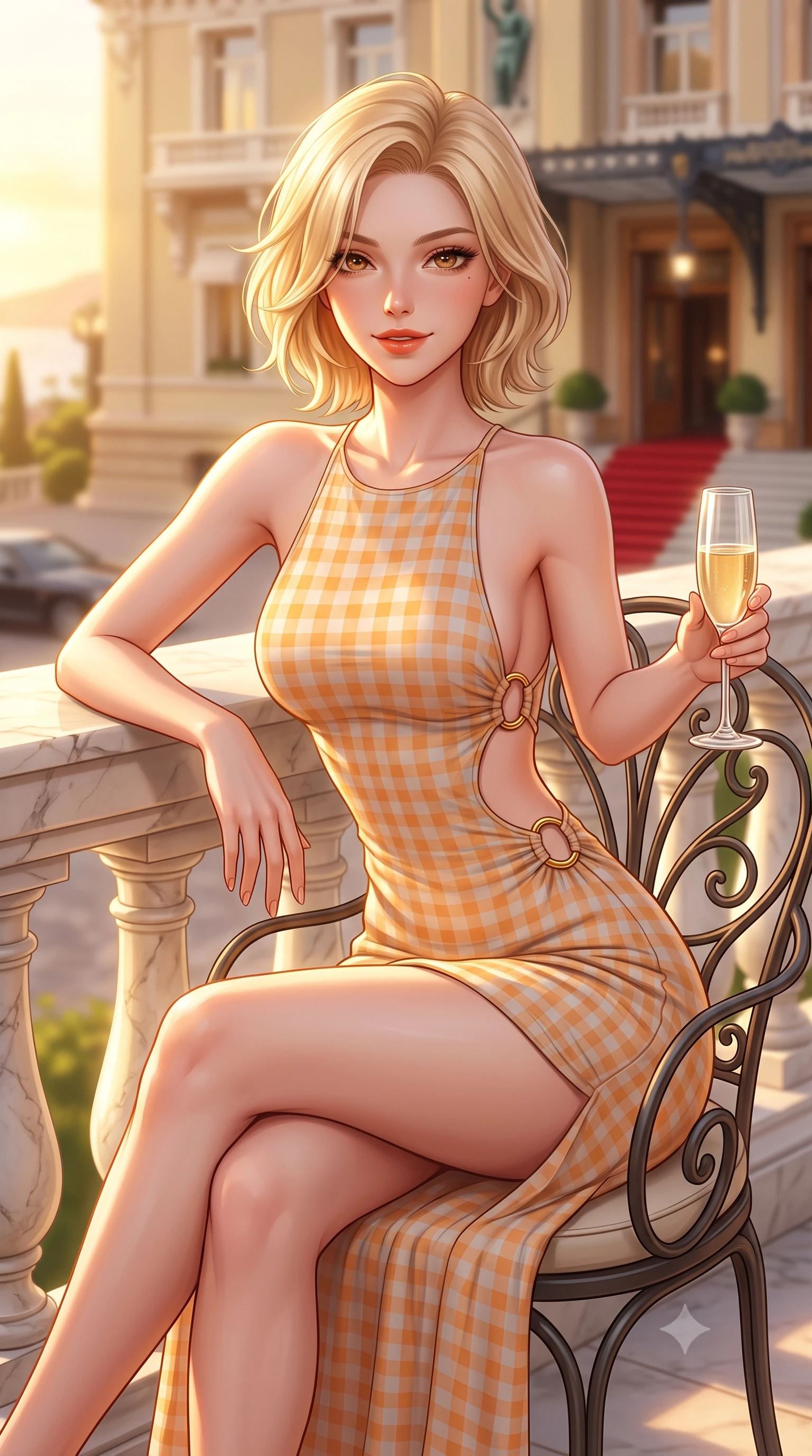 score_9, masterpiece, best quality, ultra-detailed, high-budget anime keyframe, semi-realistic 3D game render, editorial fashion photography, tasteful artistic composition, Caucasian woman. close-up cowboy shot from the waist and thighs up, the character dominates the composition, filling the frame with her large presence. leaning back against the sunlit marble railing with relaxed seductive grace, her flat midriff and narrow waist highlighted as golden hour light traces her curves while sitting gracefully in an ornate wrought-iron garden armchair with legs crossed, holding a champagne flute with effortless French Riviera poise. The composition keeps background elements in soft focus with dreamy creamy bokeh. the grand belle-époque palace hotel facade and red carpet entrance softened in prestigious Riviera shallow focus. She has an exceptionally elegant, slender, and willowy female figure with an ultra-slim waist, flat toned midriff, narrow ribcage, and sculpted feminine hips creating an alluring, slim hourglass silhouette without bulk. sharp v-shaped jawline, high-bridge nose, sparkling amber-hazel eyes with depth, long lush eyelashes, glossy sun-kissed lips with a warm coral glaze, radiant teasing smile with sensual sunlit bedroom-eyes, exuding effortless old-money elegance and intoxicating sun-drenched allure, flawlessly proportioned anatomical accuracy, strict slender model proportions, natural body alignment, perfectly sculpted long slender limbs, ultra-slim waistline, clean dynamic posture without body distortion. wearing a backless lace-up gingham sundress in soft apricot with a form-fitting bodice and hip-defining silhouette in rich saffron amber and soft dove grey, crafted from fine lightweight breathable linen with an effortless natural drape, accented with sculptural gold ring hardware framing the subtle side cutouts, the precision-cut side openings and low-back scoop framing her graceful spine and the sensual sweep of her slim, sun-kissed hips. bathed in brilliant golden hour sunset illumination streaming across the French Riviera coastline. highly saturated vibrant anime colors, detailed shading with soft gradients, rich glossy textures, high-contrast stereoscopic depth, volumetric dynamic lighting, master piece, 9:16 ratio