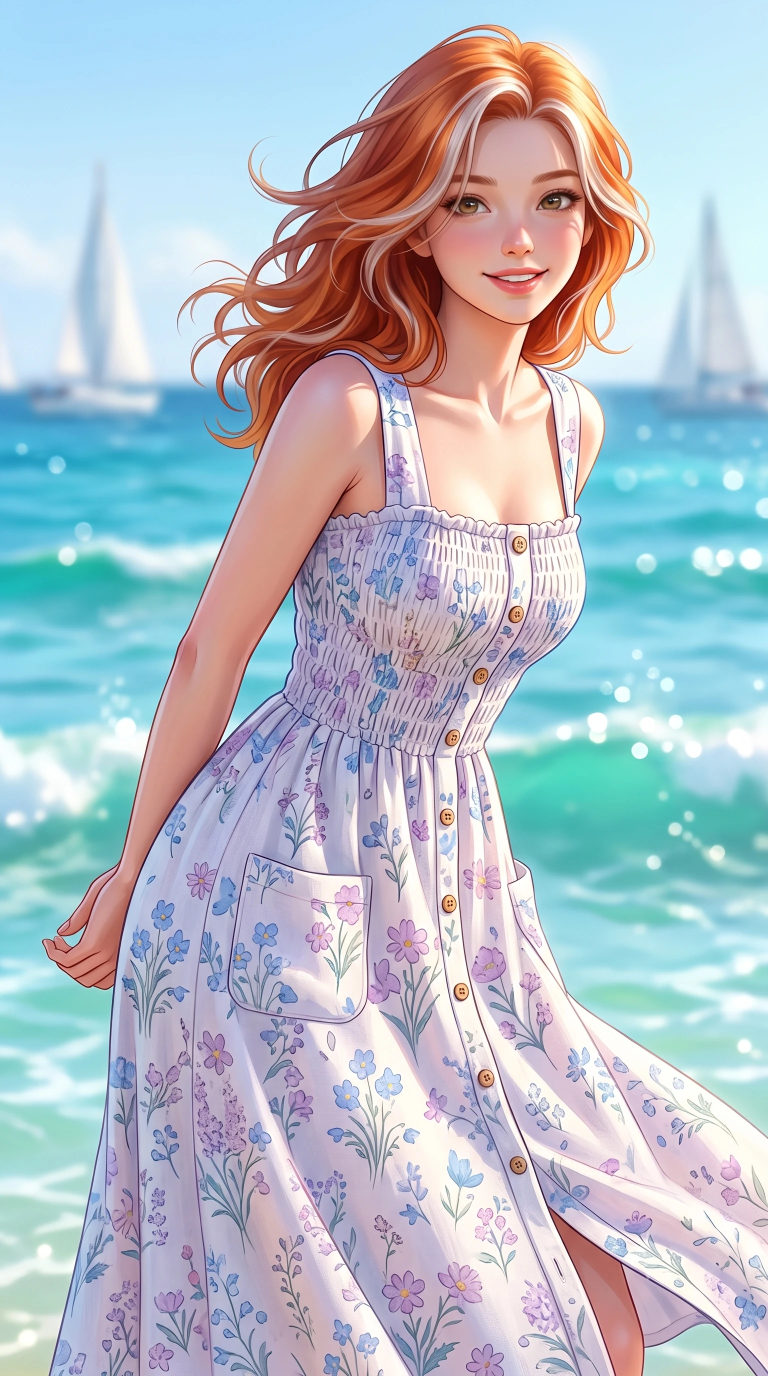 score_9, masterpiece, best quality, ultra-detailed, high-budget anime keyframe, semi-realistic 3D game render, editorial fashion photography, tasteful artistic composition, Caucasian woman. close-up cowboy shot from the waist and thighs up, the character dominates the composition, filling the frame with her large presence. clasping her hands behind her back and leaning forward playfully with a sweet, innocent girlhood expression while turning playfully as salty sea breezes flutter her dress hem and hair, exuding pure refreshing youthfulness. The composition keeps background elements in soft focus with creamy bokeh. sparkling turquoise ocean waves and distant white sailboat silhouettes blurred into clean marine blue and seafoam bokeh. She has an exceptionally elegant, slender, and willowy female figure with an ultra-slim waist, a gracefully sculpted slender torso, toned flat midriff, and a refined slim silhouette. sharp v-shaped jawline, high-bridge nose, intricate jewel-like eyes with depth, thick eyelashes, glossy lips with a natural sheen, pure and lovely fresh girlhood expression, flawlessly proportioned anatomical accuracy, strict slender model proportions, natural body alignment, perfectly sculpted long slender limbs, ultra-slim waistline, clean dynamic posture without body distortion. wearing a sweet square-neck smocked midi dress decorated with delicate wildflower patterns in soft pastel lavender and delicate sky blue, crafted from soft breathable linen that flutters gently in the breeze, finished with neat natural wooden buttons and patch pocket details, the breezy lightweight fabric fluttering softly against her delicate collarbones, narrow waist, and feminine curves. bathed in brilliant coastal summer sunshine and turquoise ocean water ambient bounce. highly saturated vibrant anime colors, detailed shading with soft gradients, rich glossy textures, high-contrast stereoscopic depth, volumetric dynamic lighting, master piece, 9:16 ratio