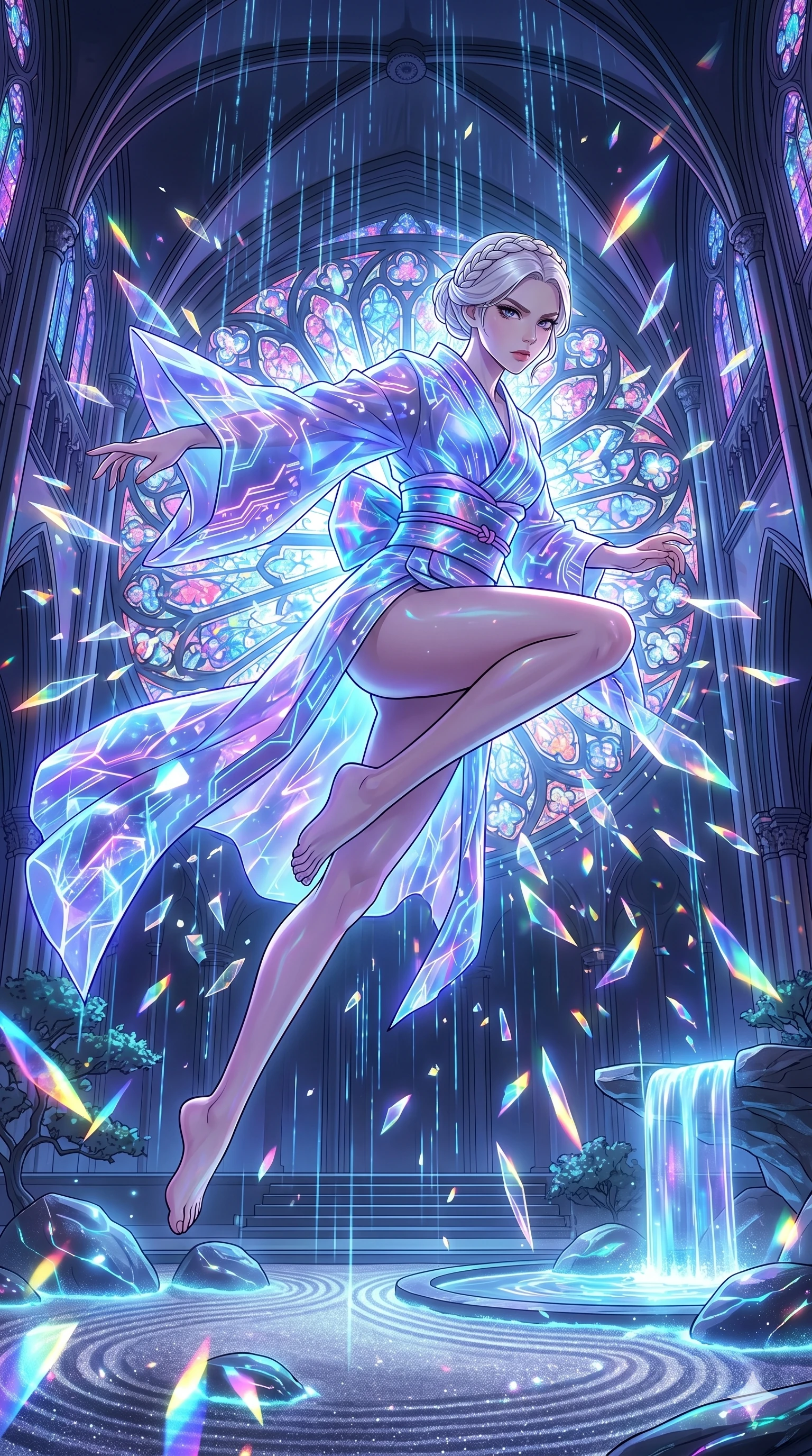 score_9, masterpiece, best quality, ultra-detailed, High-budget Anime Keyframe, vibrant colors, fluid line-art, expressive lighting, cinematic composition, Ufotable-style visual effects, top-tier animation quality, Japanese woman with delicate and elegant anime-inspired features. Cinematic low angle perspective showcasing her towering height and perfect 8-heads proportion. Leaping through the shattered stained glass of a neon-lit futuristic cathedral, her body caught in mid-air as prismatic light fragments explode around her and digital rain falls from the vaulted ceiling. She has an absolutely perfect 8-heads proportion, an exceptionally tall and slender female figure with impossibly long slender legs and an ultra-slim waist, her statuesque height and towering silhouette dominating the vertical 9:16 frame. Her face is a masterpiece featuring a sharp v-shaped jawline, high-bridge nose, intricate jewel-like eyes with depth, thick eyelashes, and glossy lips with a natural sheen. She is wearing a slit tech-kimono with holographic obi and integrated neon-lit circuitry patterns crafted from Bioluminescent silk that emits a soft, ethereal glow from within the fabric, featuring a crystalline structure that catches the light and reveals her slender frame. The scene is set in a serene Zen garden with metallic sand, glowing stones, and a holographic waterfall, illuminated by soft bioluminescent glow from the environment casting ethereal colors on her skin. 2k, ultra detail, master piece, 9:16 ratio