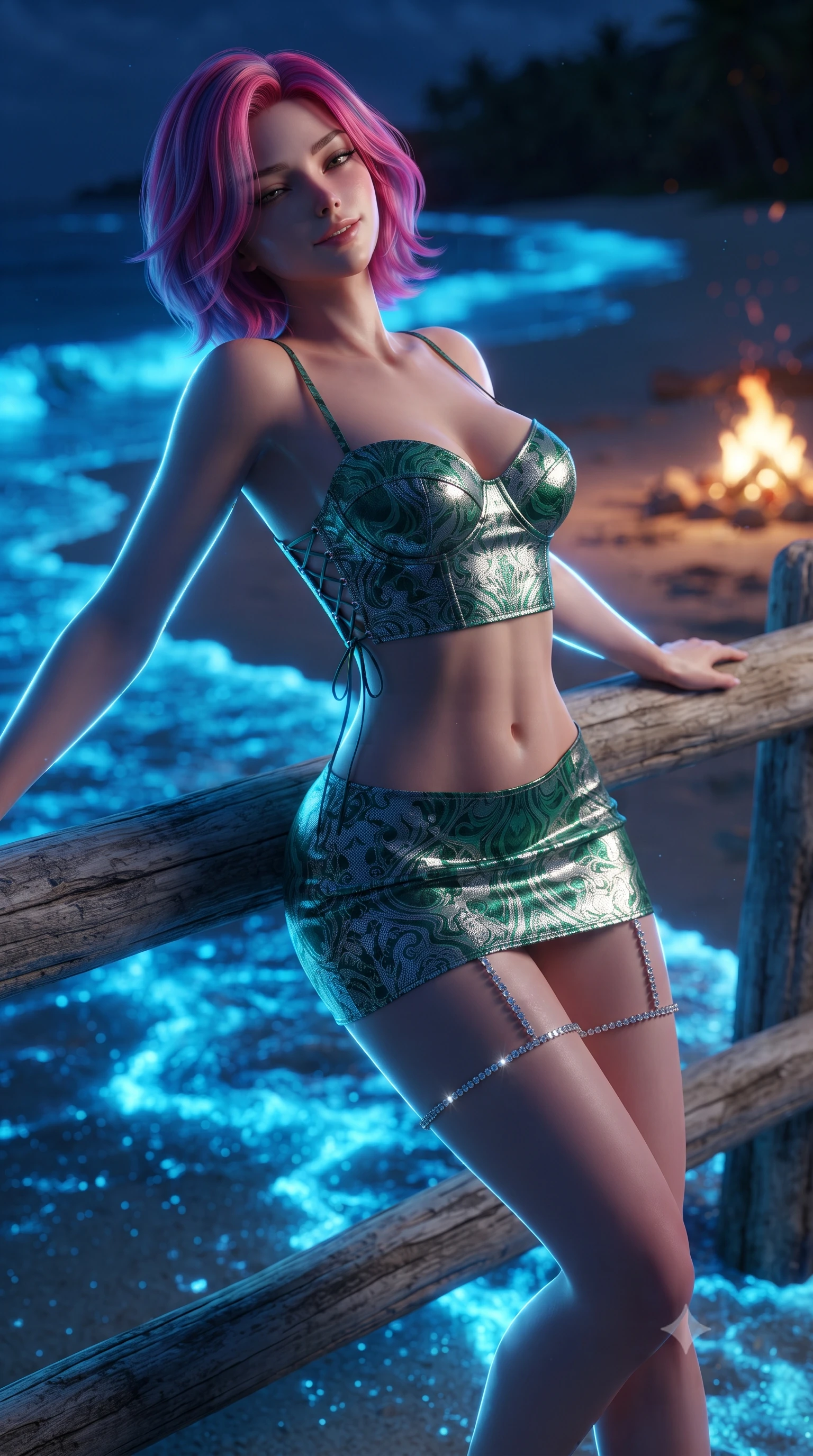 score_9, masterpiece, best quality, ultra-detailed, high-budget anime keyframe, editorial fashion photography, tasteful artistic composition, Caucasian woman. close-up cowboy shot from the waist and thighs up, the character dominates the composition, filling the frame with her large presence. leaning back against the balustrade with relaxed seductive grace, head tilted back slightly while casting a hypnotic, heavy-lidded gaze while twisting her slender torso in an alluring contrapposto stance, ethereal neon-blue wave luminescence tracing her flat midriff and curvy hips. The surrounding environment is rendered in vivid detail and crisp panoramic clarity: sharp phosphorescent neon-blue wave foam droplets, fine wet coral sand grains, and weathered driftwood grain in deep focus. She has an exceptionally elegant, slender, and willowy female figure with an ultra-slim waist, flat toned midriff, narrow ribcage, and sculpted feminine hips creating an alluring, slim hourglass silhouette without bulk. sharp v-shaped jawline, high-bridge nose, intricate jewel-like sparkling eyes with depth, thick eyelashes, glossy parted lips with a natural peach sheen, bright cheerful beaming smile with an enchanting and coquettish sensual glint, exuding both youthful cute charm and seductive allure, flawlessly proportioned anatomical accuracy, strict slender model proportions, natural body alignment, perfectly sculpted long slender limbs, ultra-slim waistline, clean dynamic posture without body distortion. wearing a sculpted satin underwire crop bustier with lace-up side ties paired with a micro skirt in Art Nouveau malachite green and antique starlight silver, crafted from stretch micro-mesh with liquid foil coating that shimmers with every movement, finished with delicate crystal-encrusted thigh garter straps glinting in the dim light, the second-skin tailored fabric adhering flawlessly to her sculpted flat midriff and slender torso, emphasizing her long leg lines and perfectly proportioned willowy build. bathed in the magical 4800K neon electric-blue glow of active bioluminescent surf mixed with warm 2100K beach campfire embers. ultra-reflective glossy finish, specular highlights, rich textural contrasts, high-contrast stereoscopic depth, volumetric dynamic lighting, 2k, ultra detail, master piece, 9:16 ratio