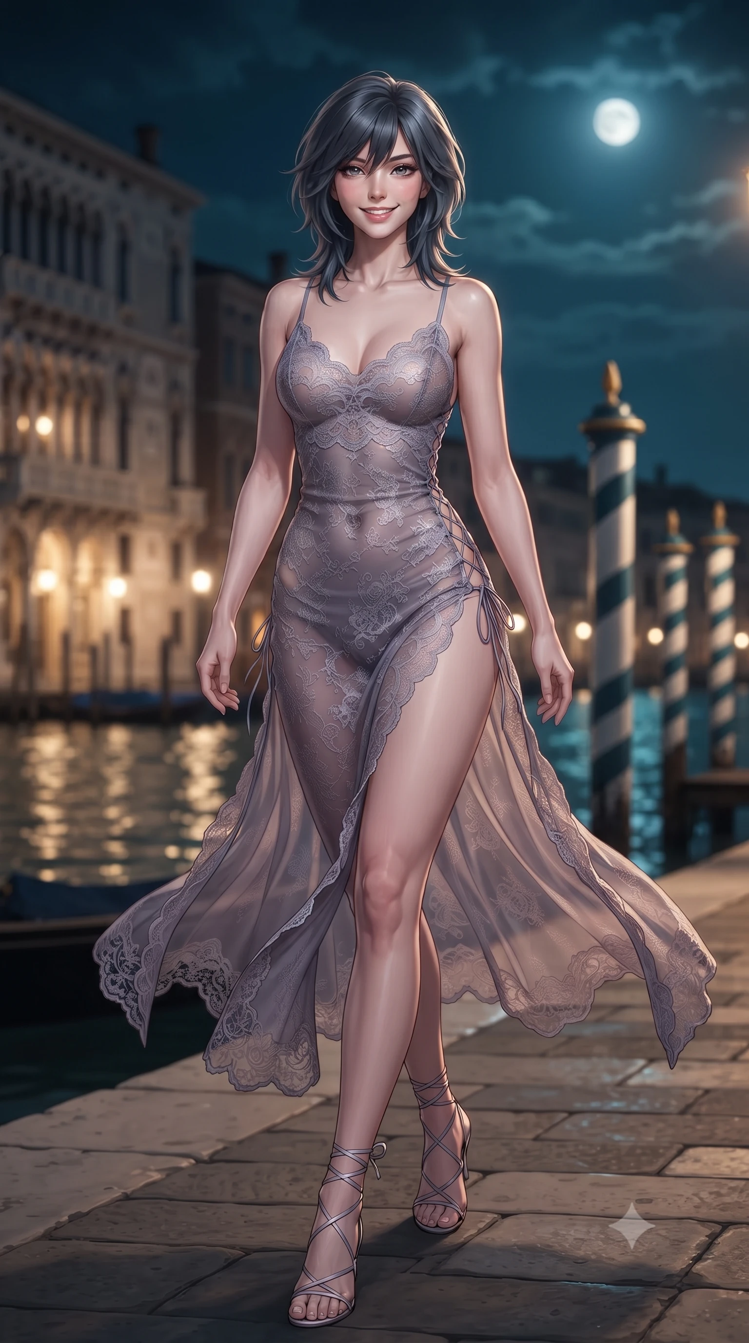 score_9, masterpiece, best quality, ultra-detailed, high-budget anime keyframe, editorial fashion photography, tasteful artistic composition, Caucasian woman. low angle full-body shot from head to toe showing her feet, filling the entire 9:16 vertical frame with her statuesque presence, stretching her vertical silhouette. stepping forward in a confident stride, her long slender legs and curvaceous hips creating a dynamic, sweeping vertical line while walking slowly down the water loggia with supermodel poise, nocturnal lagoon breezes fluttering her sheer gown around her slender legs. The background shows a soft-focus illuminated Baroque palazzi reflecting on dark Grand Canal waters, striped mooring poles, and moonlit Venetian mist blurred into turquoise, gold, and sapphire bokeh. She has an exceptionally tall and slender model-like 8.5-heads proportion, an ultra-slim waist, a flat toned midriff, narrow delicate ribcage, and beautifully sculpted feminine hips creating a graceful, slim hourglass silhouette without any bulky heaviness, with impossibly long slender legs. sharp v-shaped jawline, high-bridge nose, intricate jewel-like sparkling eyes with depth, thick eyelashes, glossy parted lips with a natural peach sheen, bright cheerful beaming smile with an enchanting and coquettish sensual glint, exuding both youthful cute charm and seductive allure, flawlessly proportioned anatomical accuracy, strict slender model proportions, natural body alignment, perfectly sculpted long slender limbs, ultra-slim waistline, clean dynamic posture without body distortion. wearing a delicate semi-sheer Chantilly lace slip dress with scalloped eyelash edges and an open cowl back in dusky lavender noir and liquid silver chrome, woven from fine semi-opaque stretch illusion mesh tracing her slender contours, featuring fine criss-cross lace-up side ties revealing tantalizing glimpses of her hip curve, the second-skin tailored fabric adhering flawlessly to her sculpted flat midriff and slender torso, emphasizing her long leg lines and perfectly proportioned willowy build. illuminated by canal water reflection bounce and sharp champagne-gold rim lights sculpting her features, flat midriff, and slender waist. ultra-reflective glossy finish, specular highlights, rich textural contrasts, high-contrast stereoscopic depth, volumetric dynamic lighting, 2k, ultra detail, master piece, 9:16 ratio