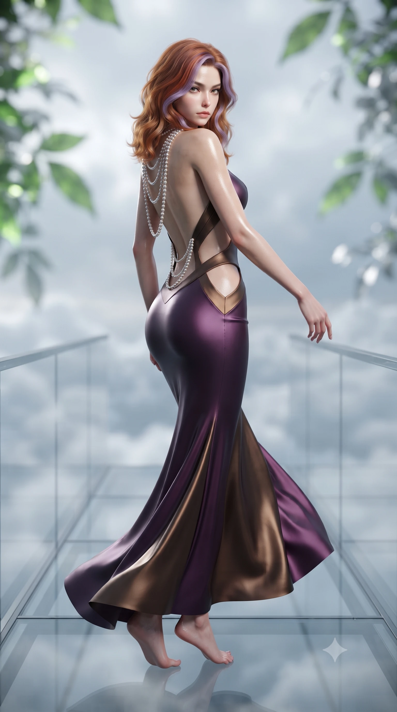 score_9, masterpiece, best quality, ultra-detailed, high-budget anime keyframe, editorial fashion photography, tasteful artistic composition, Caucasian woman. low angle full-body shot from head to toe showing her feet, filling the entire 9:16 vertical frame with her statuesque presence, stretching her vertical silhouette. executing an elegant mid-motion pivot turn as garments swirl around her slender limbs, glancing over her shoulder with an intoxicating bedroom-gaze while standing poised on a suspended glass walkway within the high-altitude cloud dome, twisting her torso in an alluring S-curve in the mist. The composition keeps background elements in soft focus with creamy bokeh. drifting cloud sea blankets and glowing botanical bio-mesh leaves blurred into electric lime, emerald, and moonlight-silver bokeh. She has an exceptionally tall and slender model-like 8.5-heads proportion, an ultra-slim waist, a flat toned midriff, narrow delicate ribcage, and beautifully sculpted feminine hips creating a graceful, slim hourglass silhouette without any bulky heaviness, with impossibly long slender legs. sharp v-shaped jawline, high-bridge nose, intricate jewel-like eyes with depth, thick eyelashes, glossy parted lips with a natural sheen, intensely captivating and seductive bedroom-eyes expression, flawlessly proportioned anatomical accuracy, strict slender model proportions, natural body alignment, perfectly sculpted long slender limbs, ultra-slim waistline, clean dynamic posture without body distortion. wearing a sculptured liquid-satin mermaid gown with an architectural open-waist cutout and bare spine in deep plum violet and antique bronze, tailored from liquid silk jersey adhering flawlessly to her slender build, accented with a multi-strand pearl back necklace cascading down her bare spine to her hips, the form-contouring material adhering flawlessly to her sculpted flat midriff and slender torso, emphasizing her long leg lines and perfectly proportioned willowy build. illuminated by wet specular highlights accentuating her slender neckline, sculpted waist, and rounded hips. ultra-reflective glossy finish, specular highlights, rich textural contrasts, high-contrast stereoscopic depth, volumetric dynamic lighting, 2k, ultra detail, master piece, 9:16 ratio