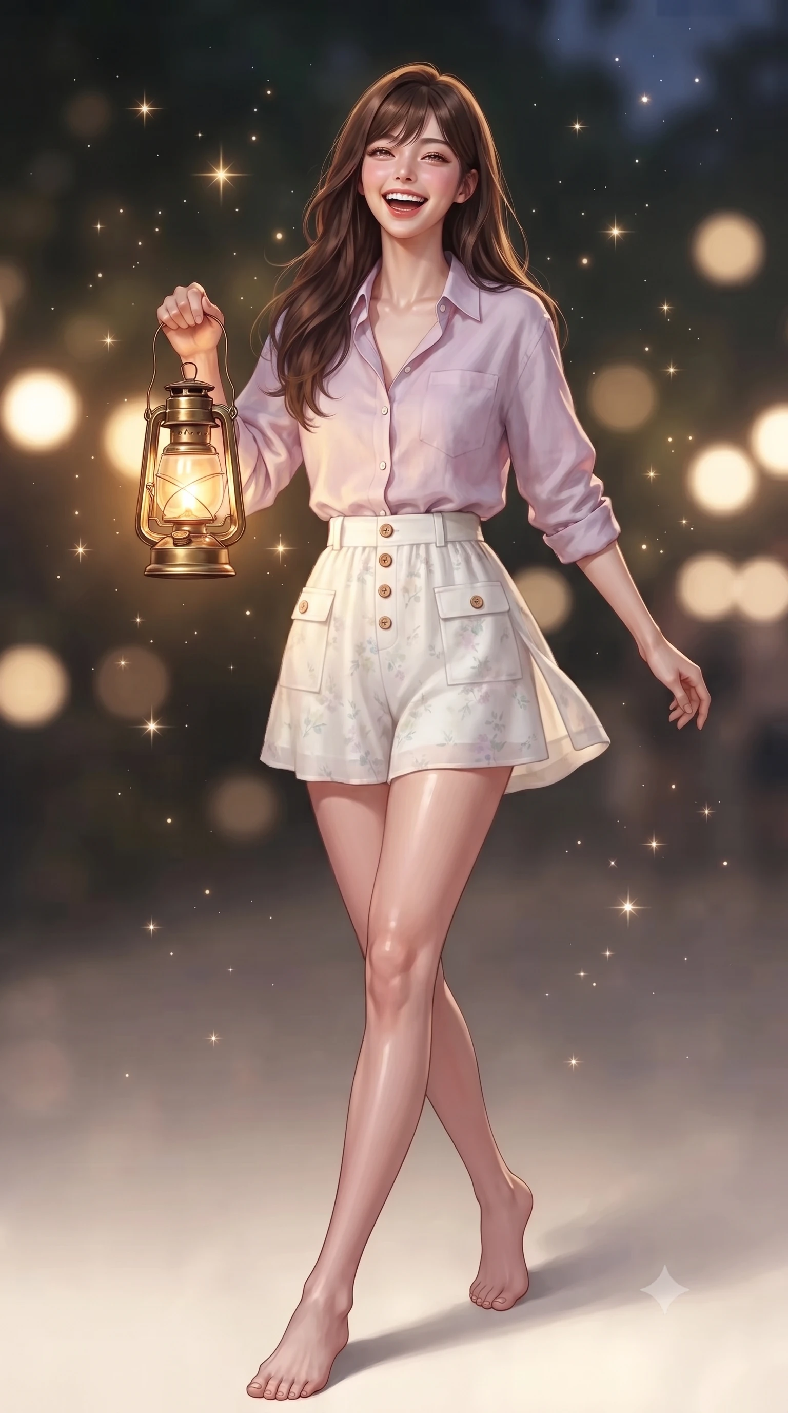 score_9, masterpiece, best quality, ultra-detailed, high-budget anime keyframe, editorial fashion photography, tasteful artistic composition, Korean woman. low angle full-body shot from head to toe showing her feet, filling the entire 9:16 vertical frame with her statuesque presence, stretching her vertical silhouette. stepping forward gracefully in mid-motion with a delighted cute laugh, displaying her tall slender model proportions while holding a vintage brass camping lantern that casts a warm, golden glow across her sweet, radiant face. The composition keeps background elements in soft focus with creamy bokeh. sparkling lantern light flares and twinkling celestial starlight scattering magical light motes. She has an absolutely perfect, statuesque 8.5-heads proportion, an exceptionally tall and slender model-like female figure with impossibly long slender legs, a toned flat midriff, and an ultra-slim waist. sharp v-shaped jawline, high-bridge nose, intricate jewel-like eyes with depth, thick eyelashes, glossy lips with a natural sheen, pure and lovely fresh girlhood expression, flawlessly proportioned anatomical accuracy, strict slender model proportions, natural body alignment, perfectly sculpted long slender limbs, ultra-slim waistline, clean dynamic posture without body distortion. wearing a lightweight pastel linen button-down shirt paired with tailored high-rise white Bermuda shorts in fresh alpine white with subtle pastel floral accents, made of fine lightweight chiffon with a soft fluid drape, finished with neat natural wooden buttons and patch pocket details, the breezy lightweight fabric fluttering softly against her delicate collarbones, narrow waist, and feminine curves. surrounded by a magical, romantic, and breathtakingly wondrous starlit maiden aura. ultra-reflective glossy finish, specular highlights, rich natural textures, high-contrast stereoscopic depth, volumetric dynamic lighting, 2k, ultra detail, master piece, 9:16 ratio